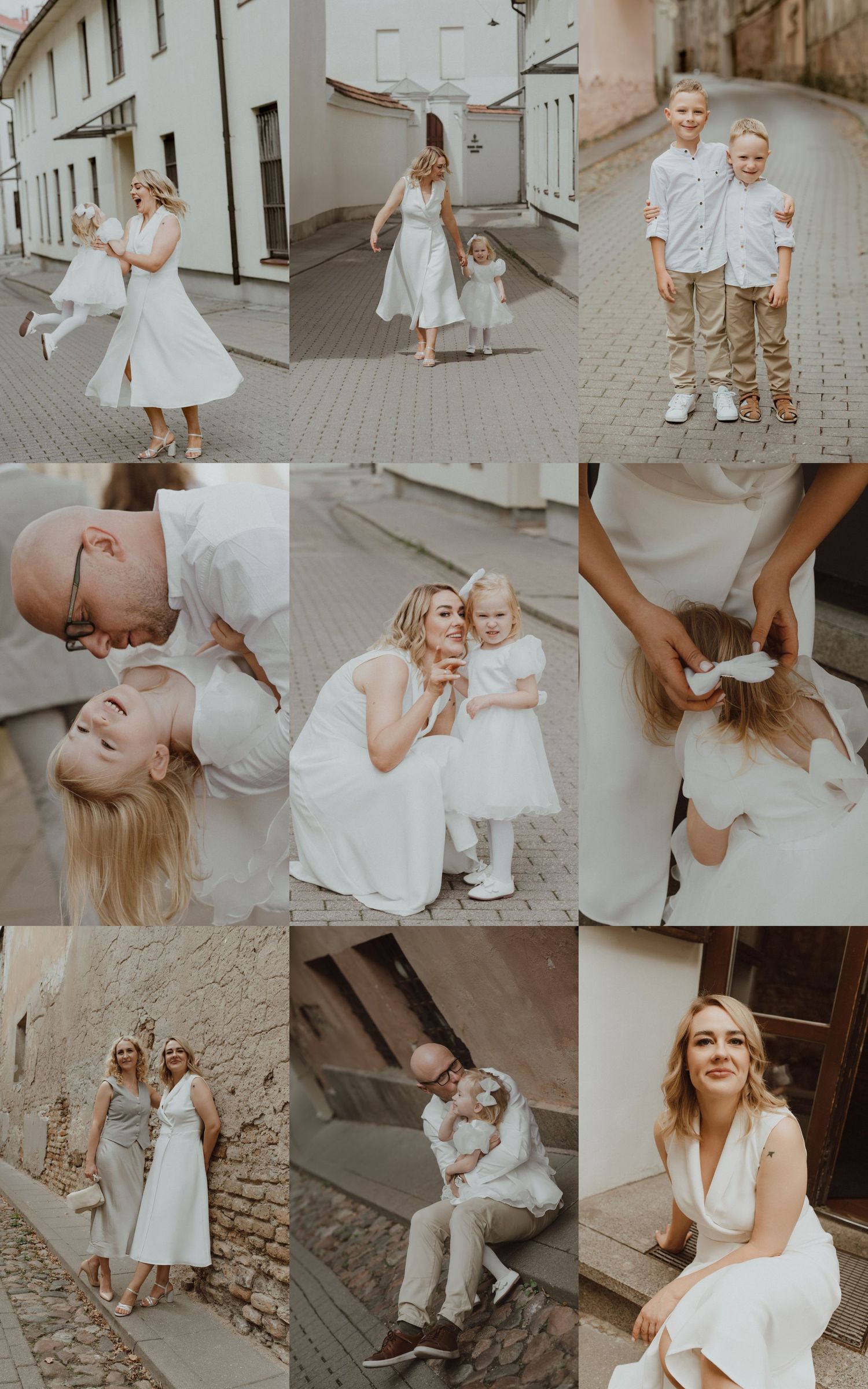 Elegant family photo collage featuring a mother in white dress with children in a charming cobblestone European town setting.