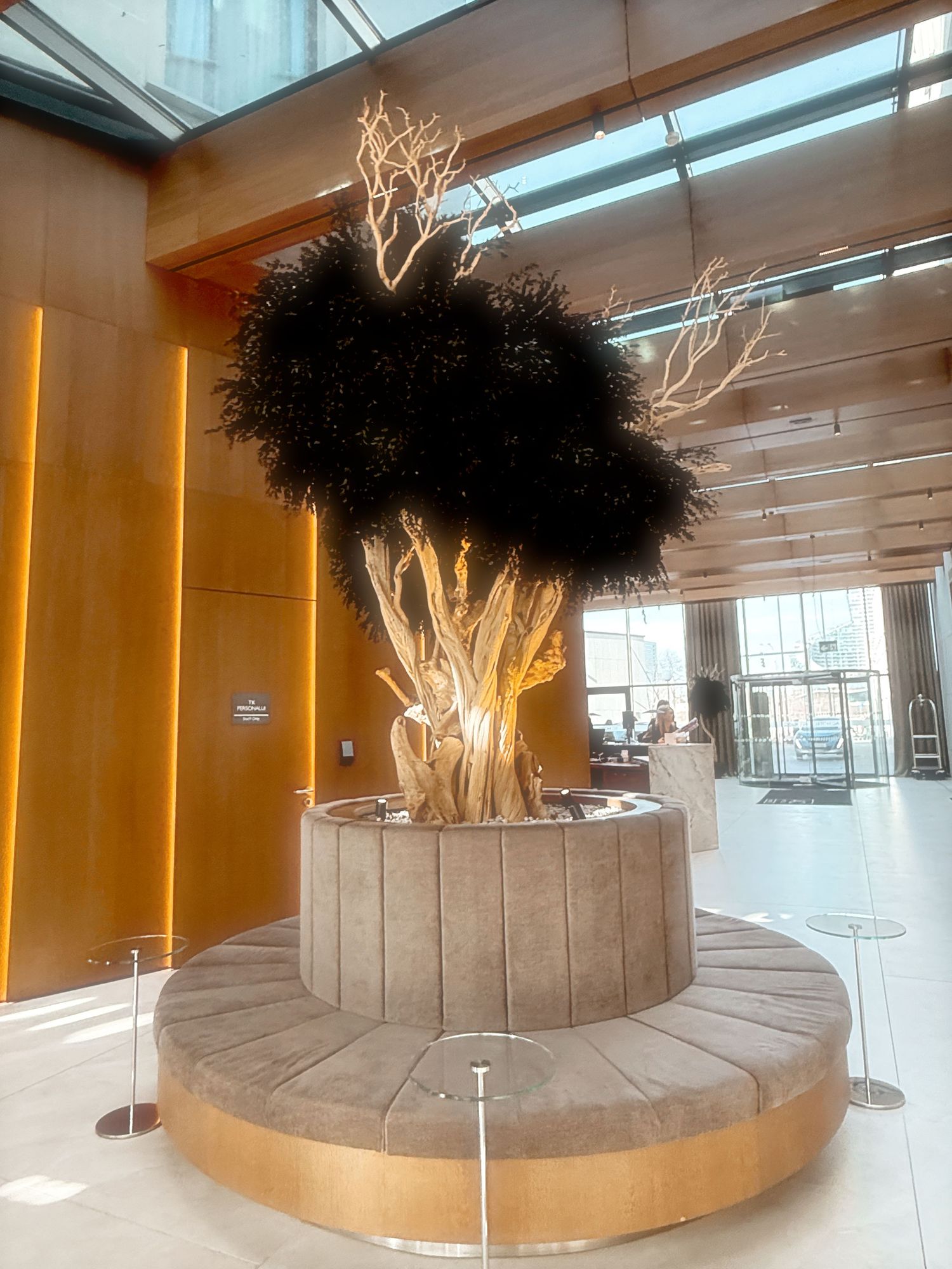 Modern office interior features a curved wall with wooden paneling and dramatic black sculptural elements mounted overhead.
