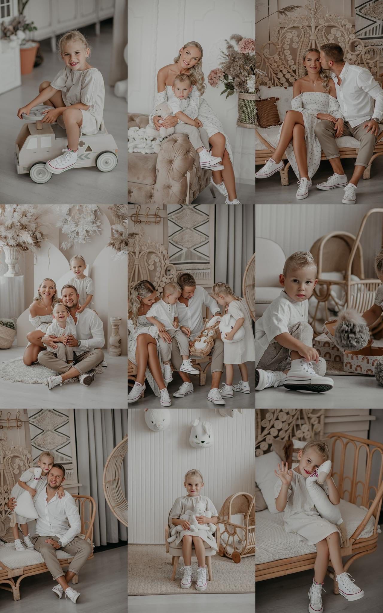 A family photo collage featuring parents with young children in a bright, neutral-toned studio with boho decor.