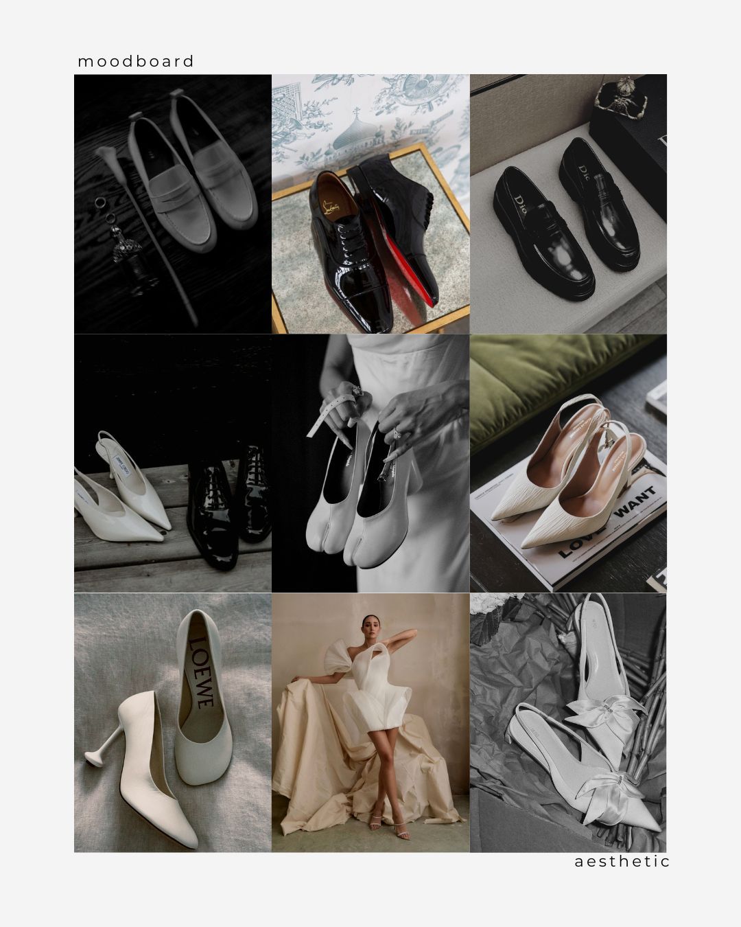 A collection of minimalist shoe photos arranged in a moodboard style featuring neutral colored footwear and aesthetic details.