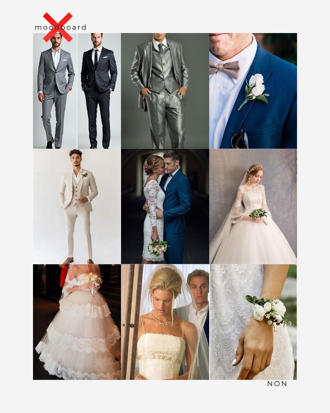 A collection of wedding fashion photos showing formal attire, bridal gowns, suits, and romantic couple moments.