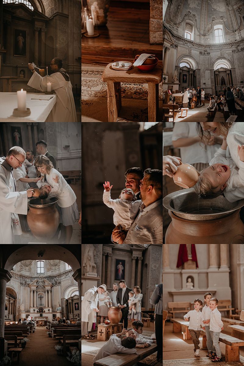 A collection of candid moments captured during a baptism ceremony in a traditional church setting.