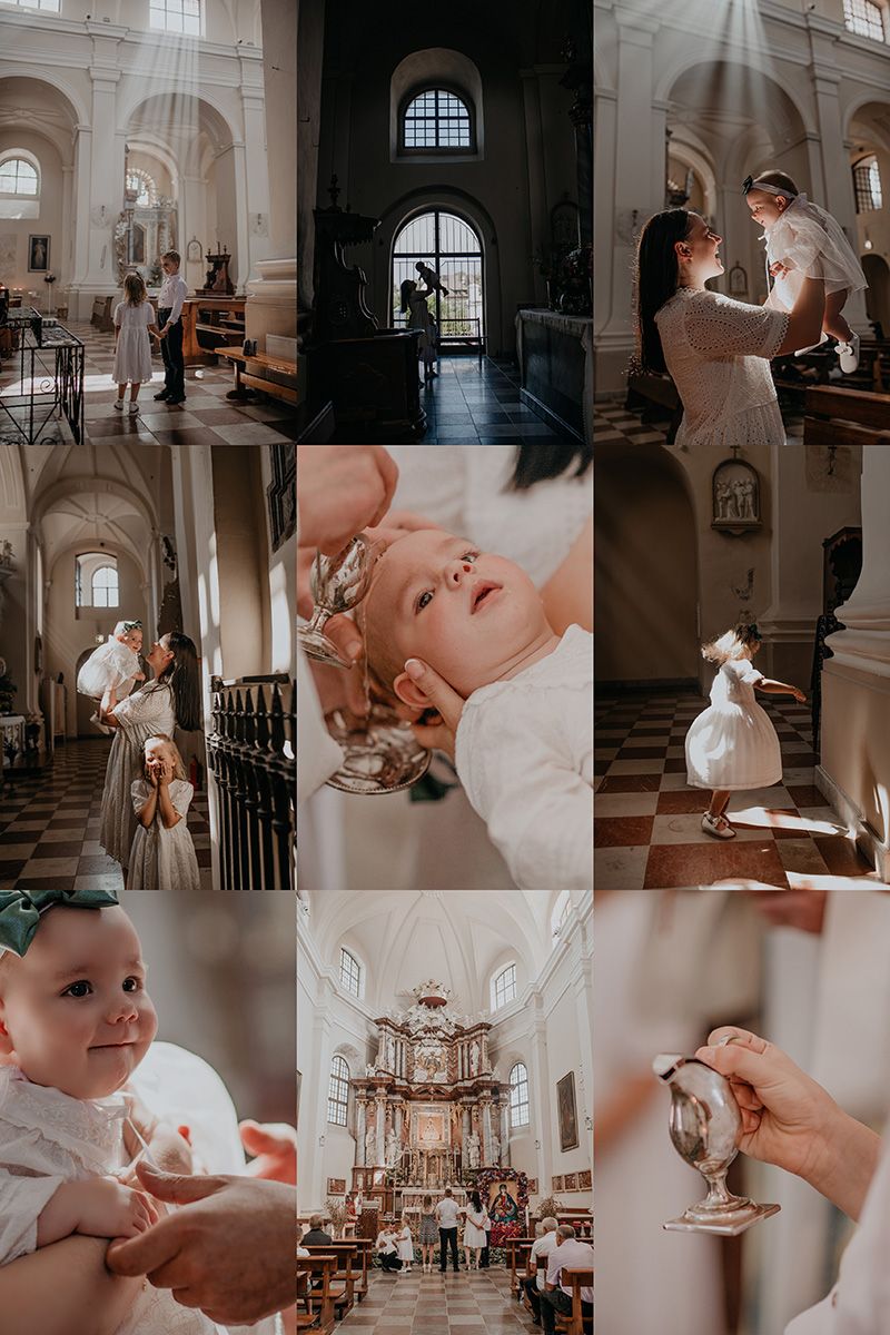A collage of baptism ceremony photos showing church interiors, white gowns, and religious rituals in warm muted tones.