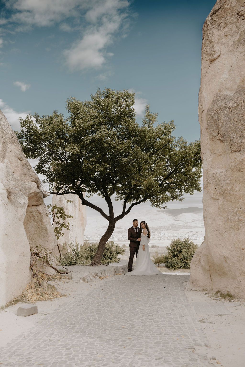 Bride and groom walking through rocky Cappadocia landscape with a lone tree and blue sky backdrop.