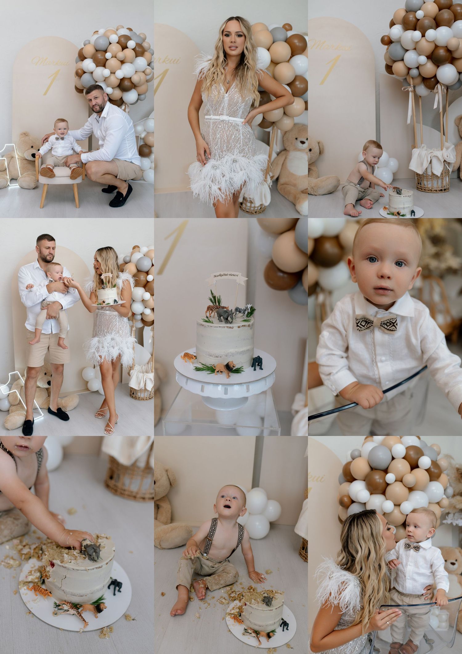 A family celebrates a baby boy first birthday with a cake smash in a neutral beige and white balloon decorated studio.