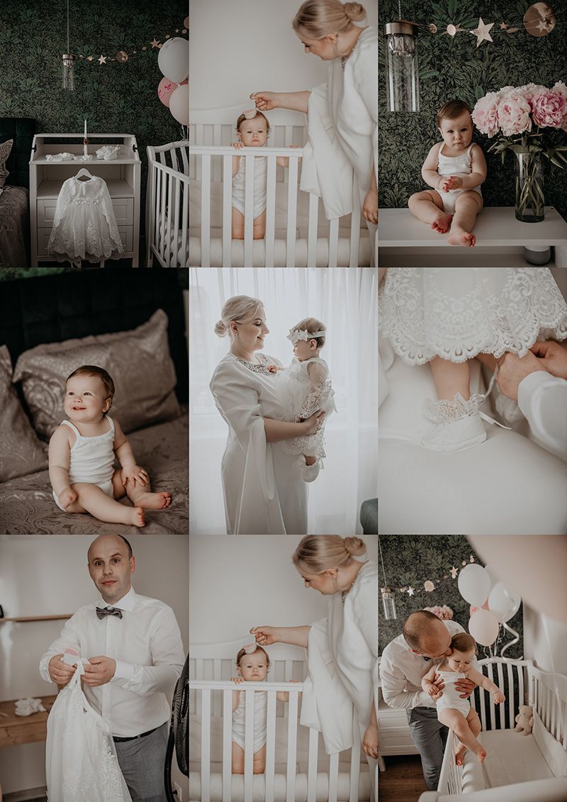 A collage of tender nursery moments showing a white crib, floral decor, and soft lighting in a baby's room.