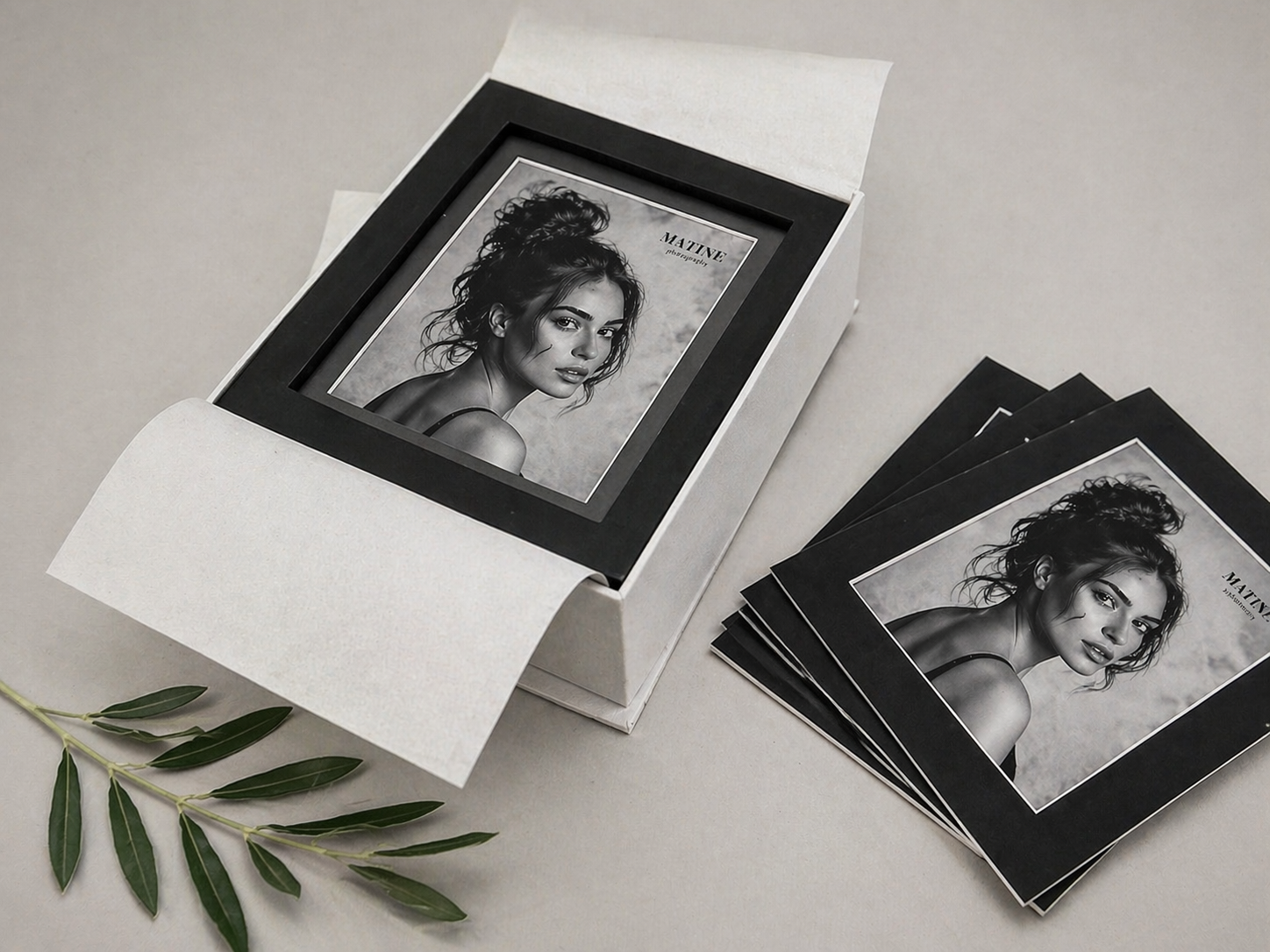 Black and white portrait photo prints displayed in a white gift box with a framed photo, beside olive branch.