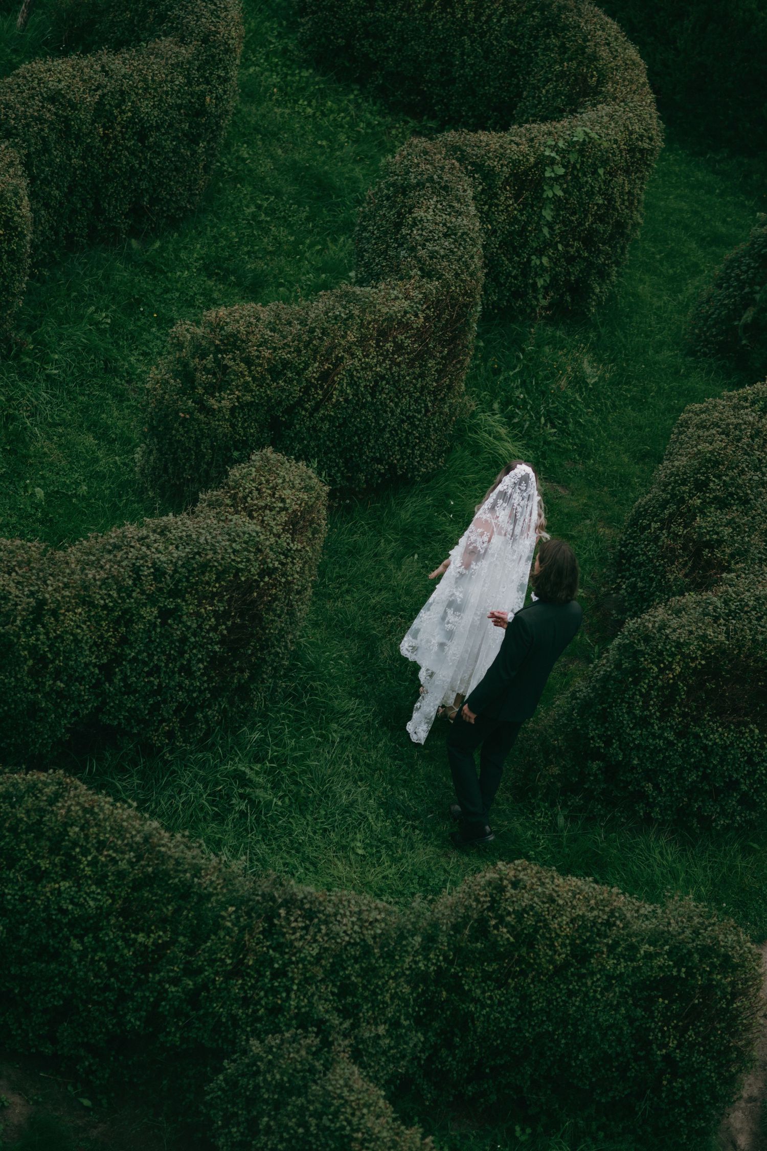 Aerial view of a person in a long white lace veil walking through a green hedge maze with curved, sculpted shrubs.