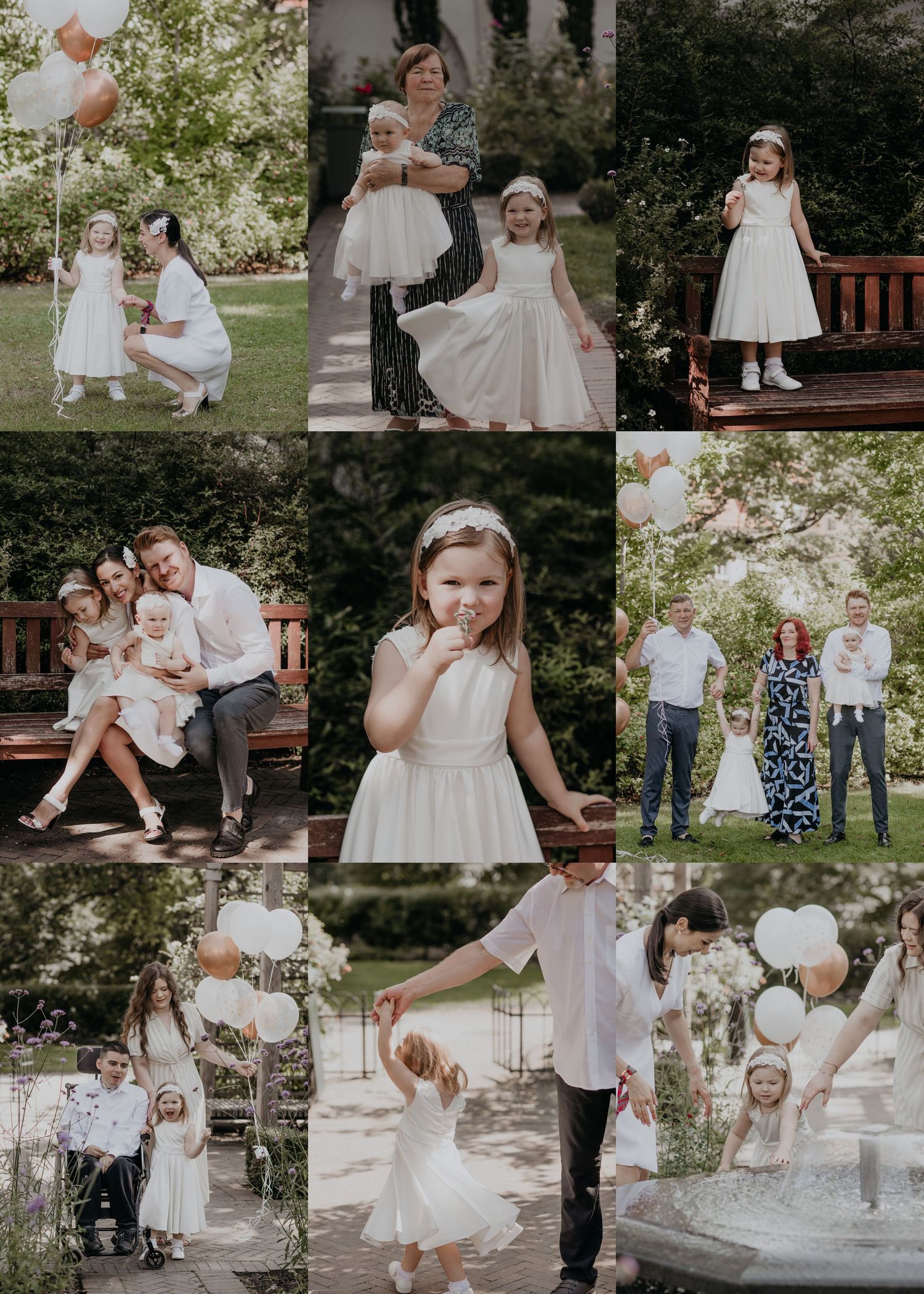 Family celebration photoshoot in a garden with children in white dresses, balloons, and joyful moments captured outdoors.