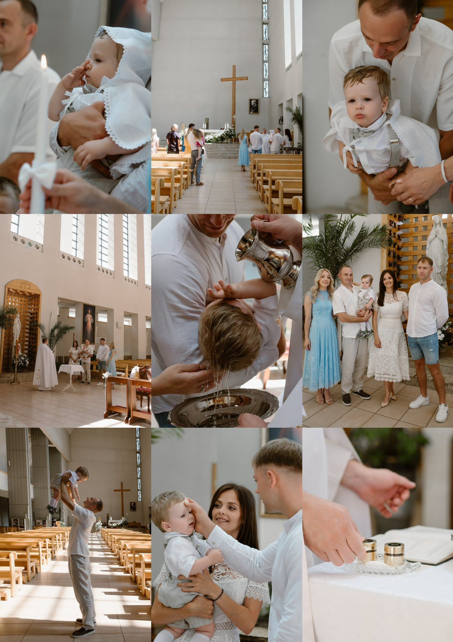 A joyful Catholic baptism ceremony featuring a baby in white, family portraits, and sacred rituals inside a bright modern church.