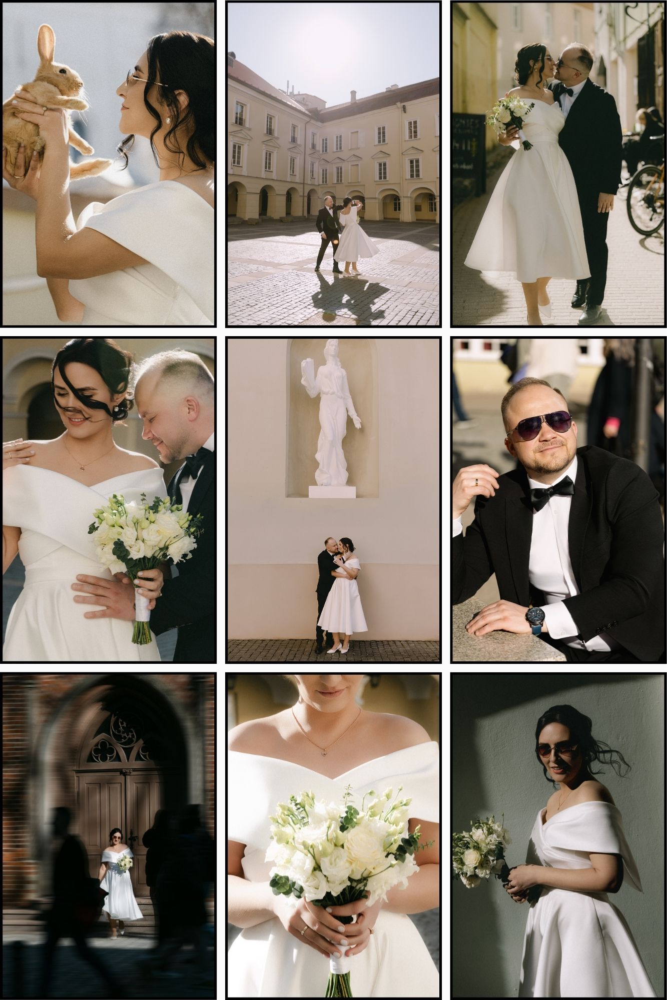 Elegant wedding photo collage featuring bride in white off-shoulder gown and groom in black tuxedo posing at European venue.