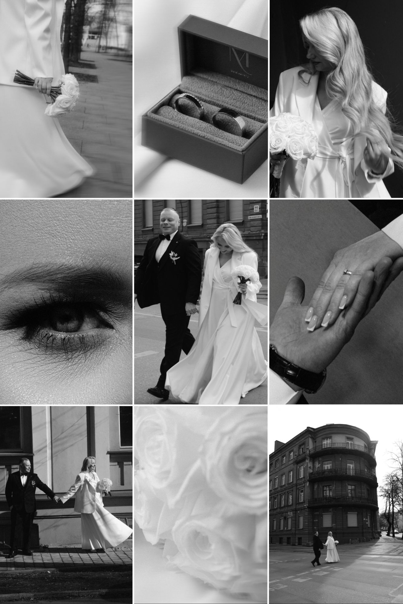 Black and white wedding photo collage featuring rings, bride walking with father, close-up eye, hands with ring, roses, and couple.