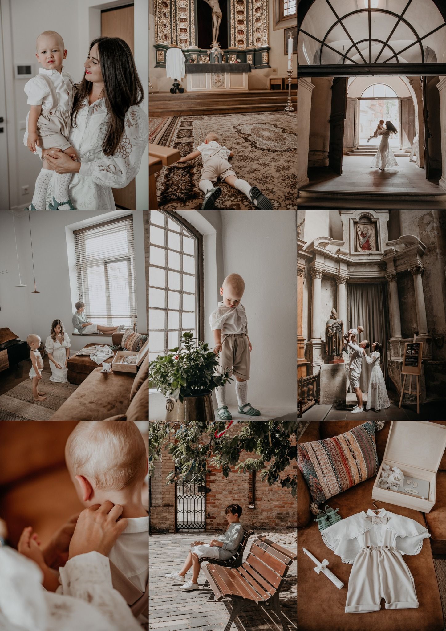 A baptism photo collage featuring a mother with baby, toddler playing, white christening gown, and elegant church interior.
