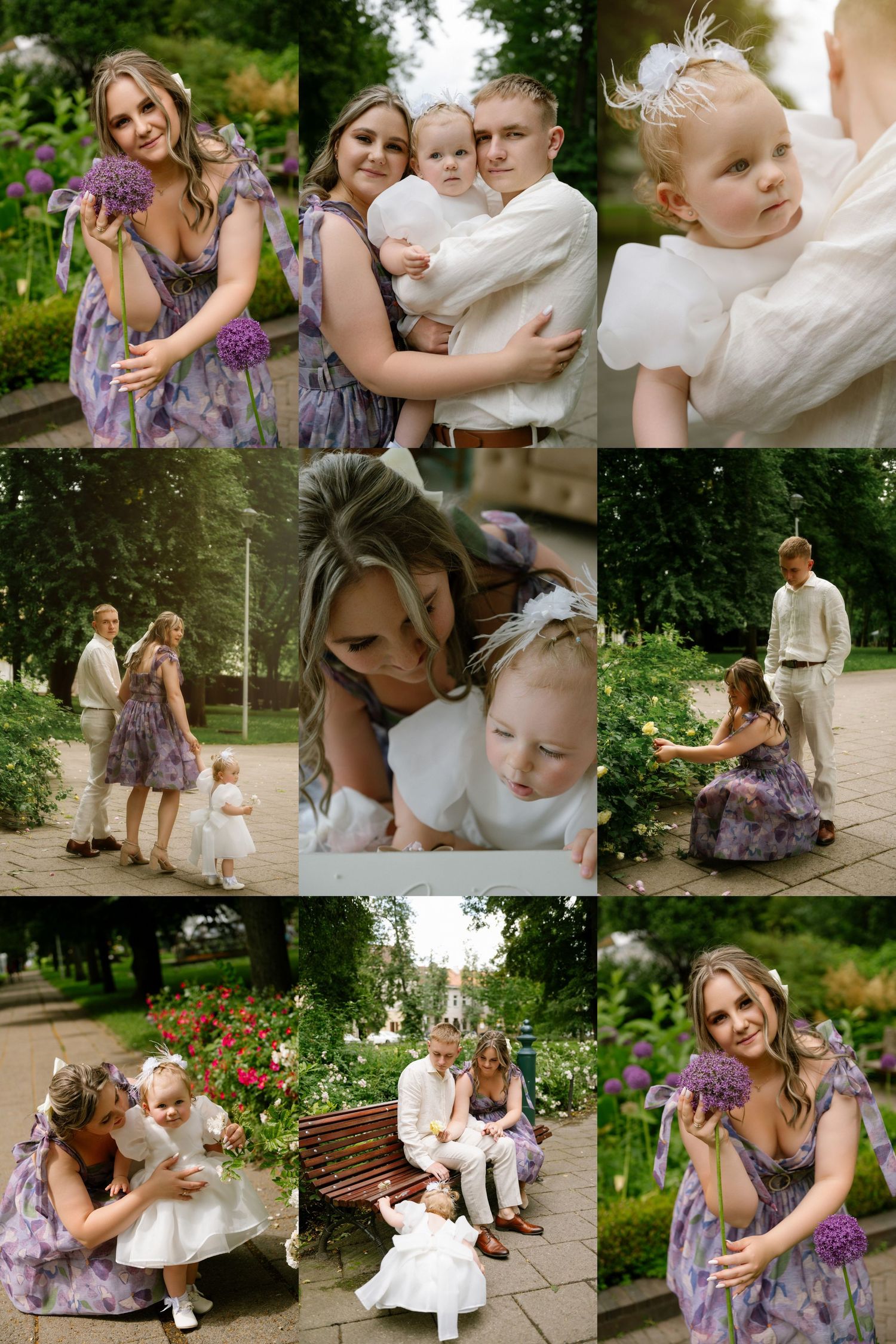 Family photo collage of a mother, father, and two young children posing outdoors in a lush green park setting.