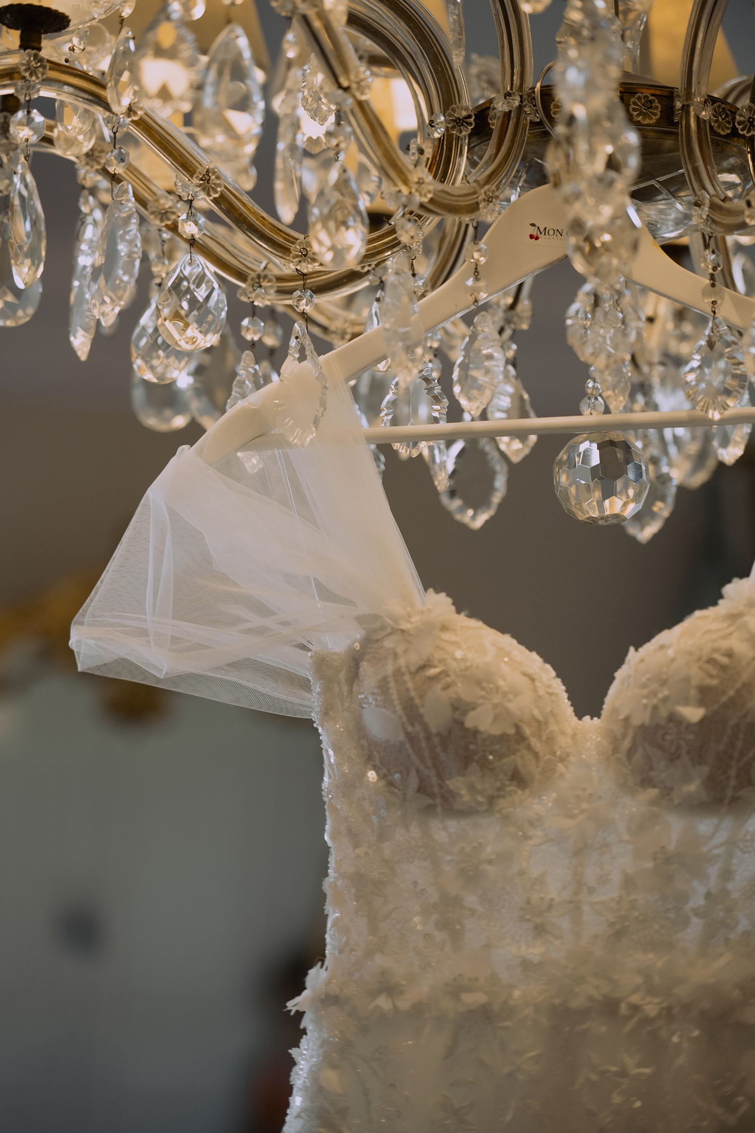 Crystal chandelier with hanging glass prisms reflects light against a dark background creating an elegant ambiance.