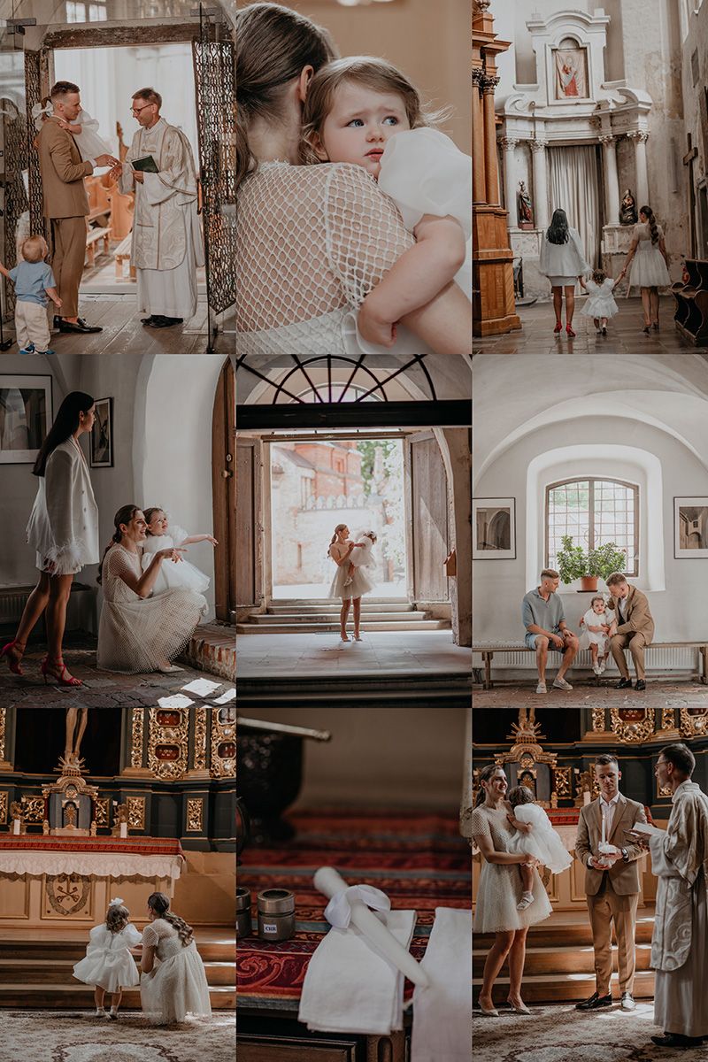 Wedding ceremony moments captured in a church with warm lighting and traditional decorations.