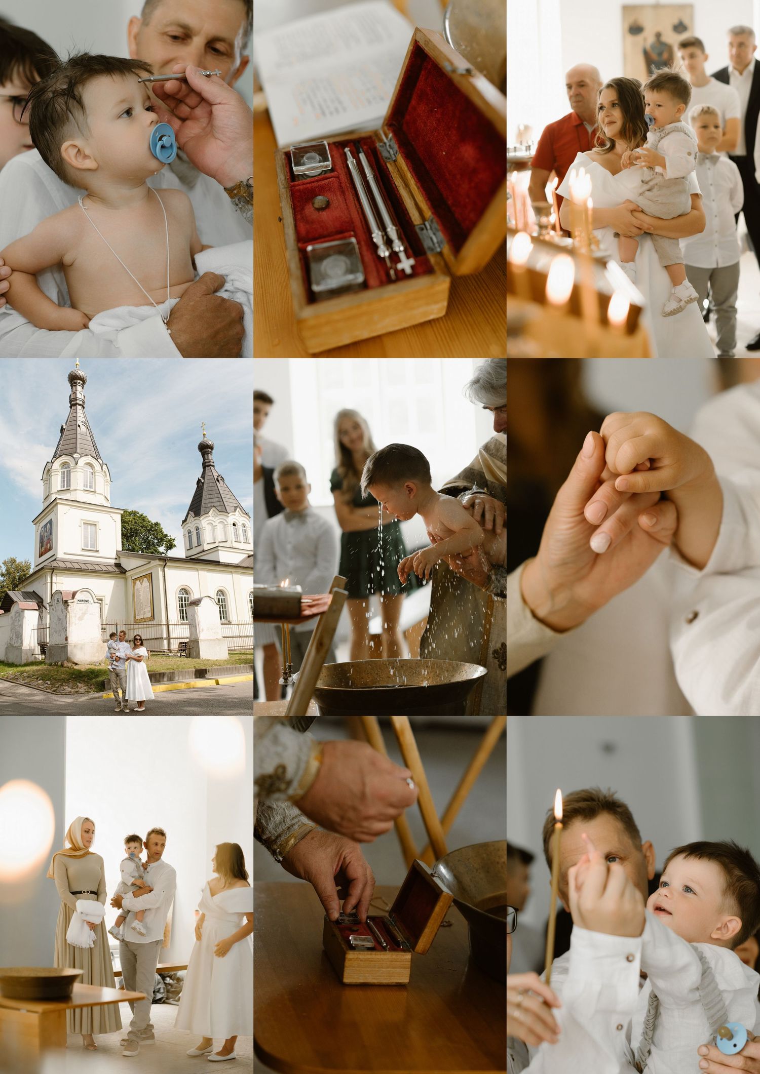 Orthodox Christian baptism ceremony collage featuring infant, holy items, church exterior, water blessing, and family gathering.