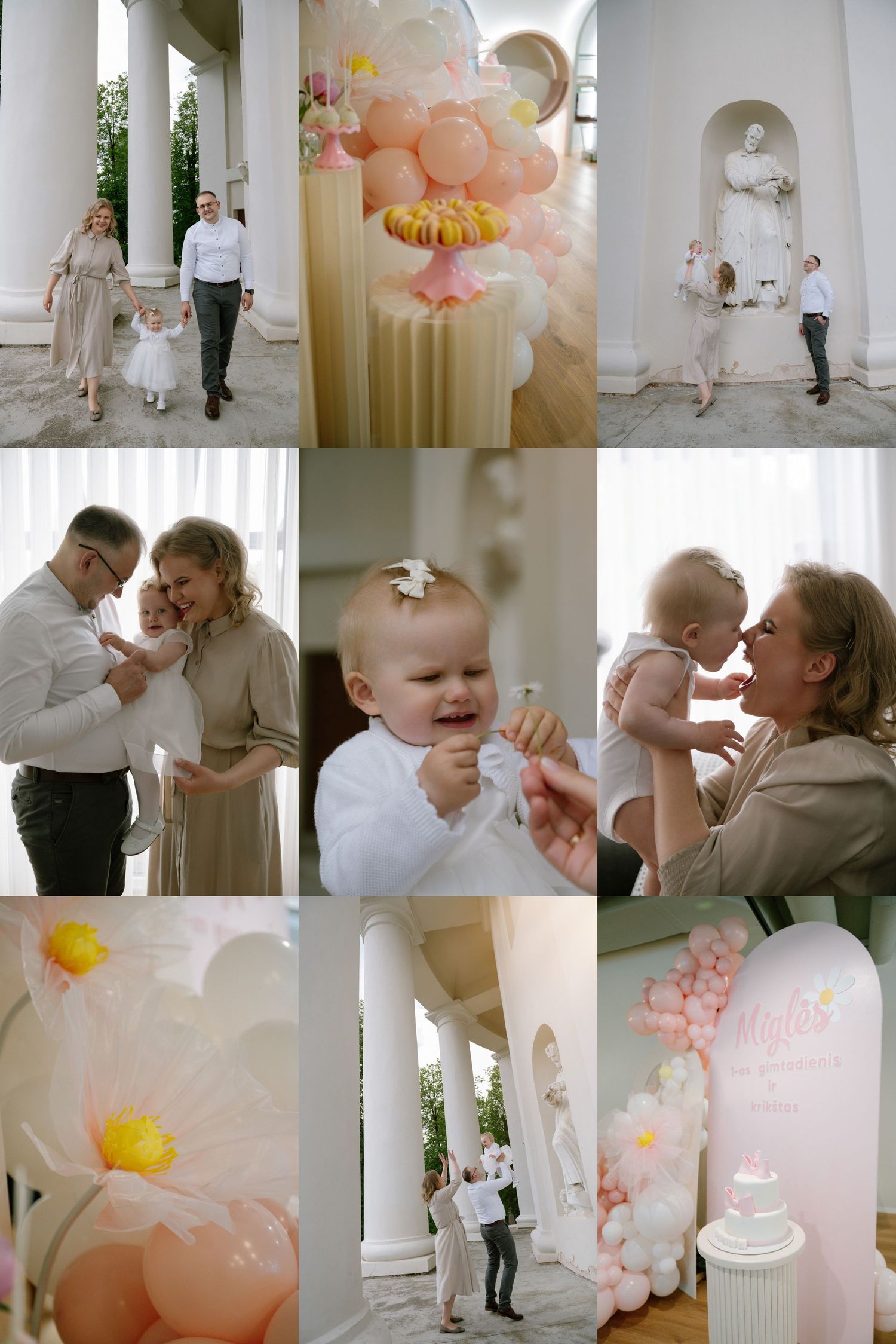 A family celebrates a baby girl first birthday with pink balloons, daisy decor, and tender moments in an elegant white venue.