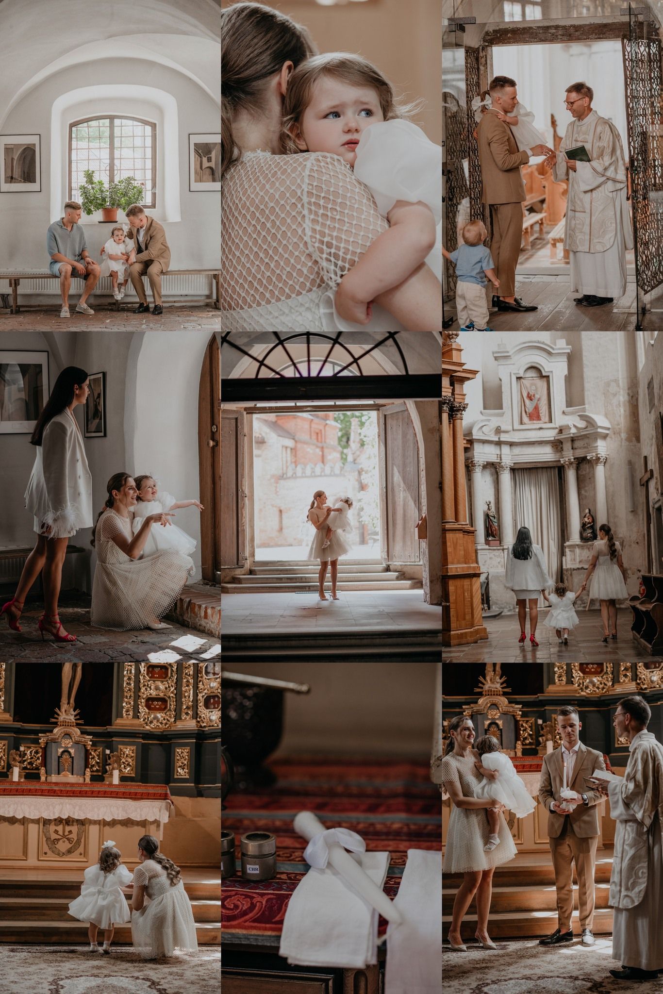 A collage of baptism ceremony photos inside a church, featuring a baby in white, family, and a priest.