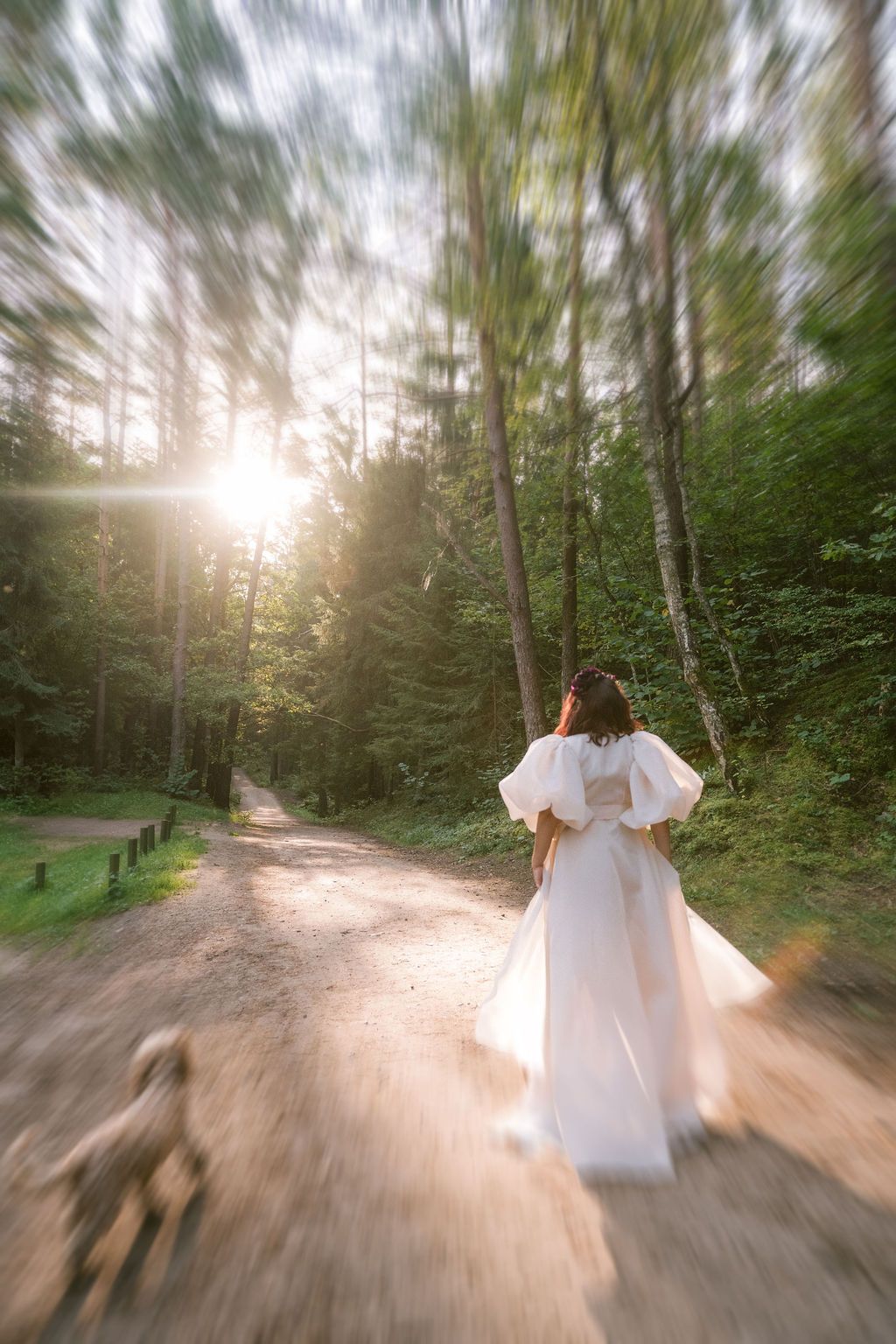 Woman in white gown walking down a sunlit forest path, captured with a dreamy zoom blur effect.