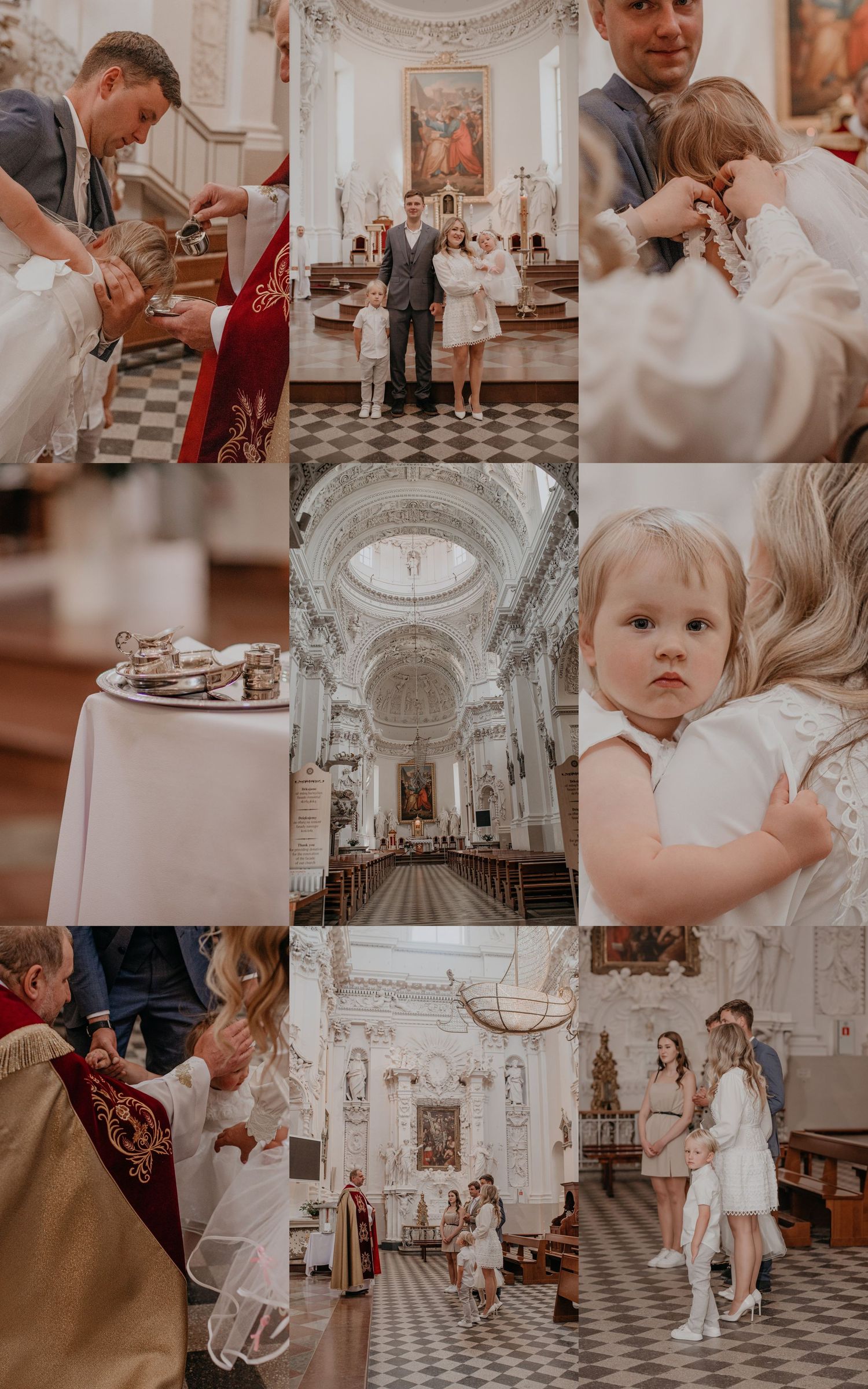 Elegant church baptism ceremony collage featuring a baby girl in white dress, ornate baroque interior, and family moments.