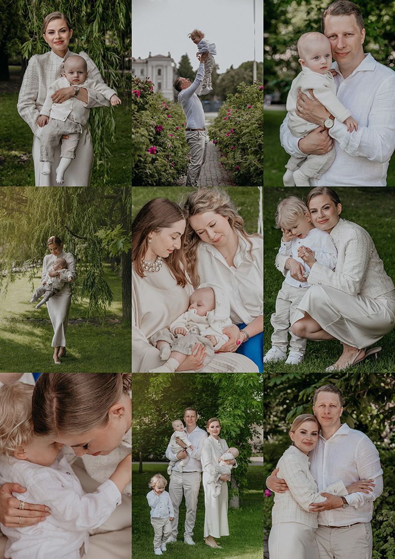 Family portrait collage in white outfits outdoors, parents with baby in lush green garden setting.