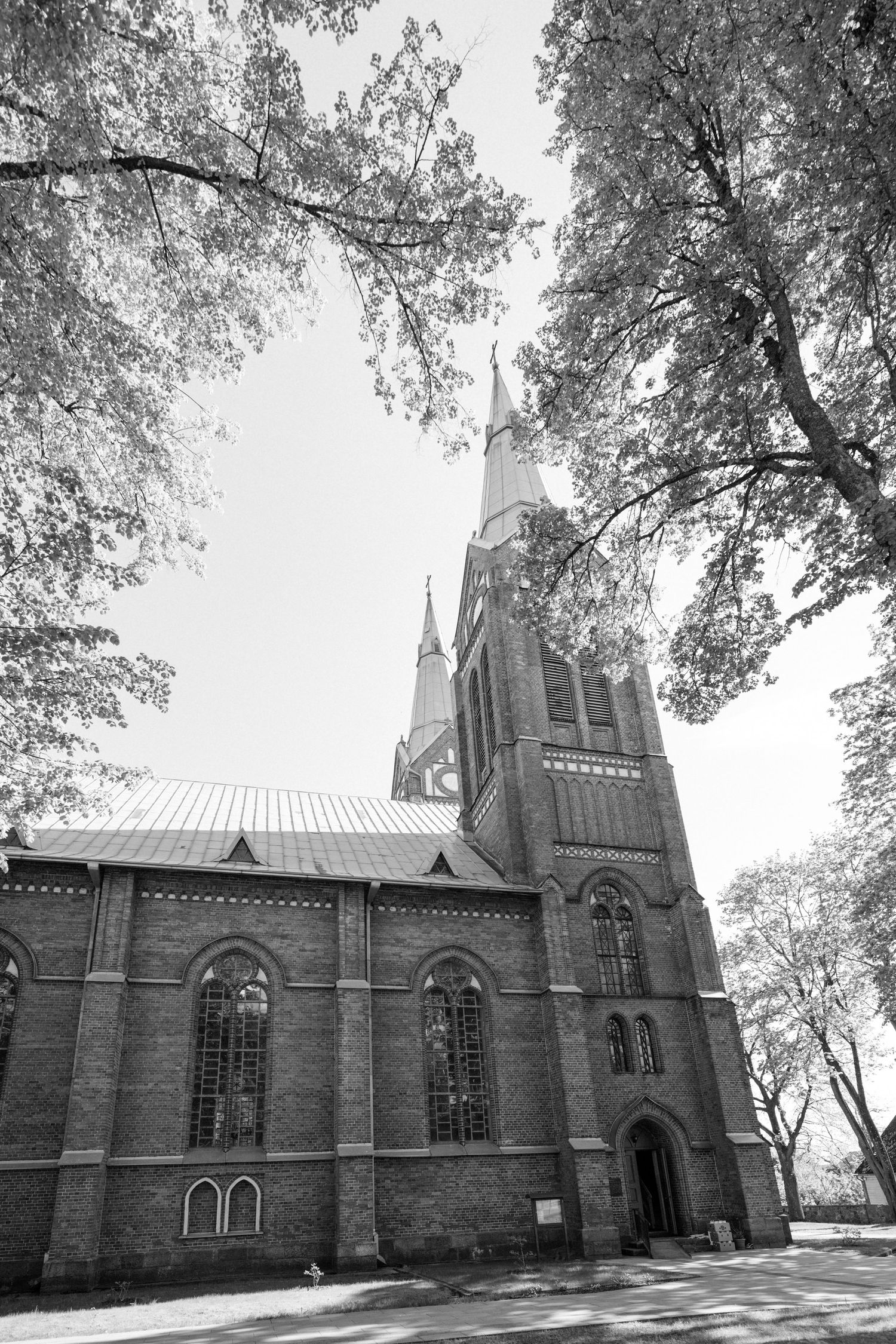 Black and white photo of a tall brick Gothic church with a pointed spire and arched windows, framed by leafy trees.