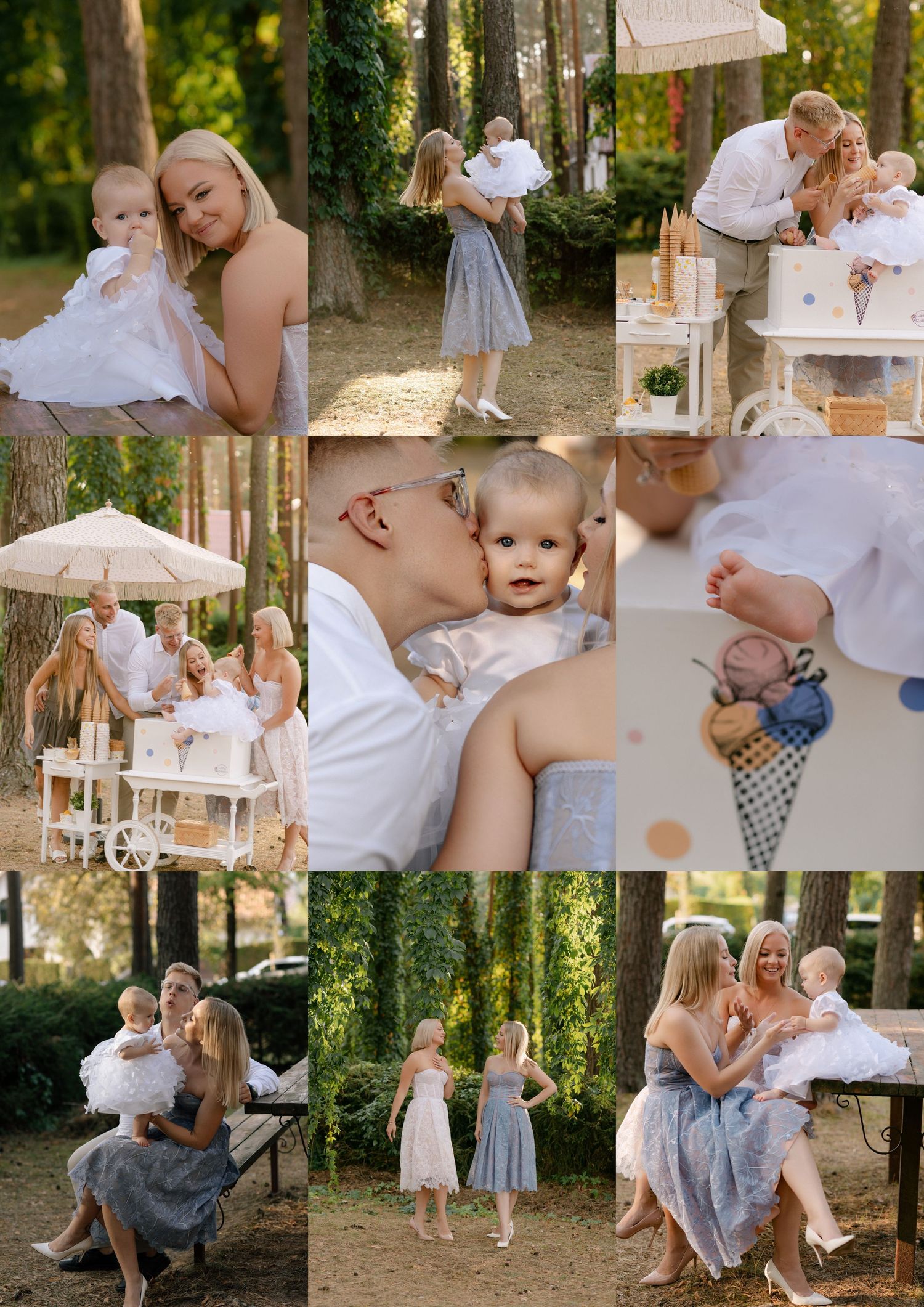 Family photo collage with mother, father, and baby girl in white dress outdoors in a sunny park setting.