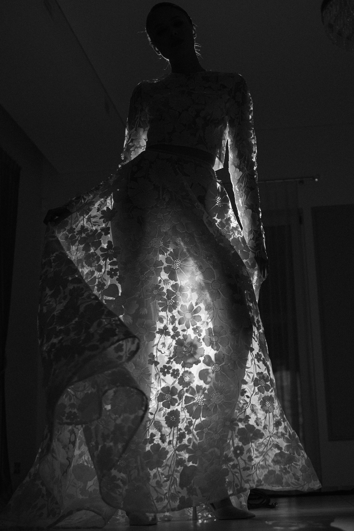 A silhouetted figure stands in front of illuminated lace-like patterns creating a dramatic backlit effect.