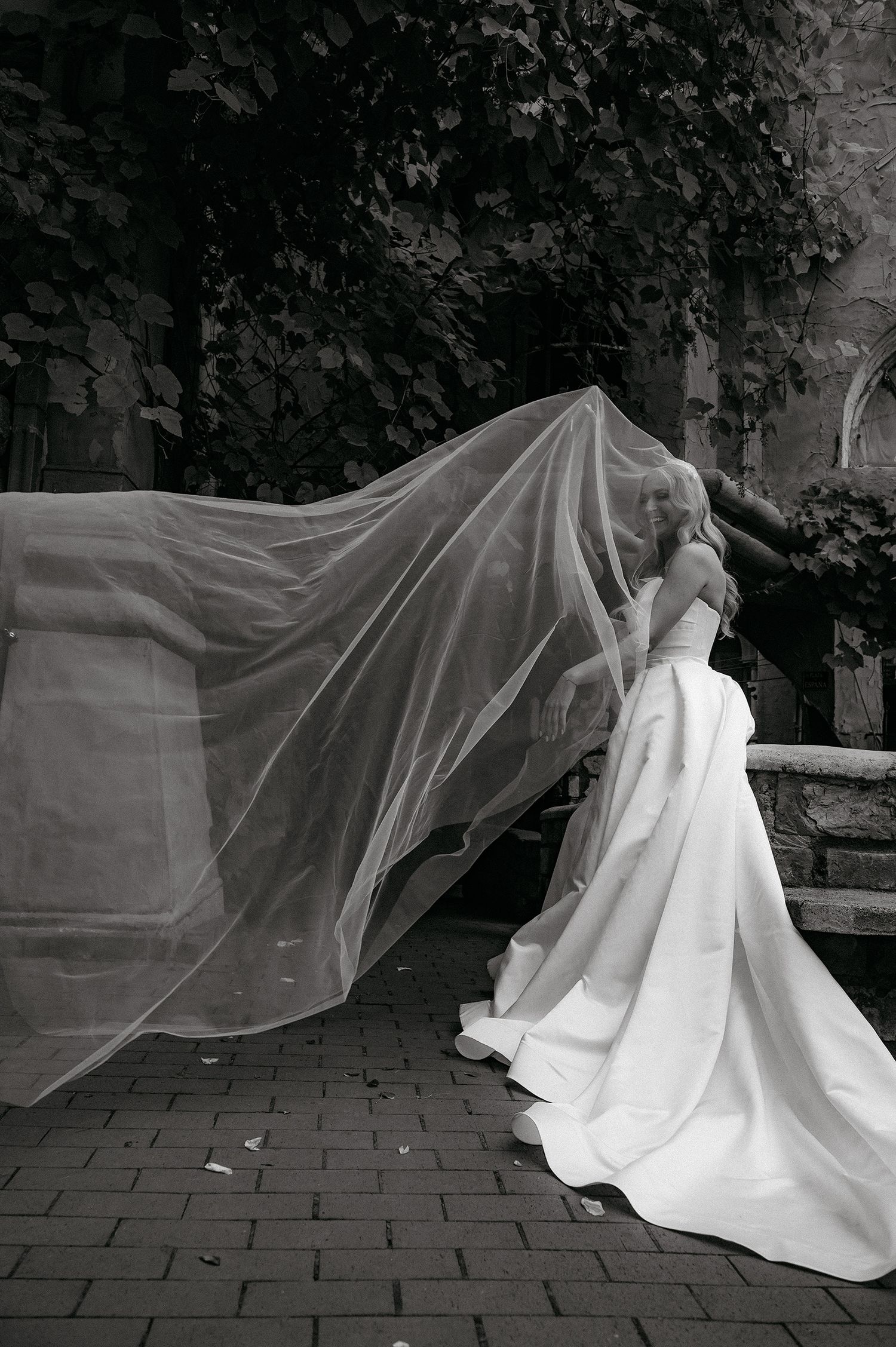 A flowing wedding dress veil dramatically billows in the wind across a series of black and white photographs.