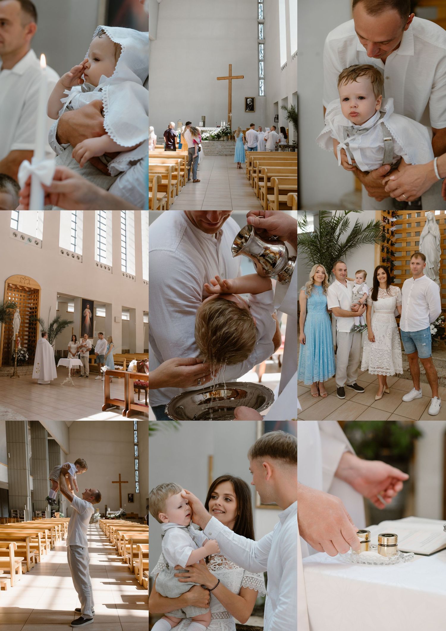 A collage of a baby baptism ceremony in a white church, featuring family portraits, water blessing, and joyful moments.
