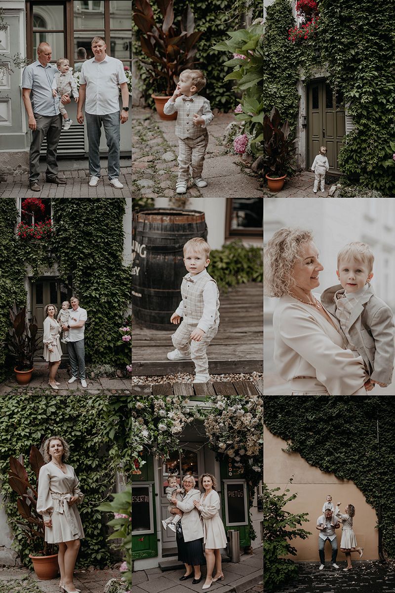 Family photo collage in a lush ivy-covered courtyard, featuring parents, grandparents, and a toddler in elegant neutral outfits.