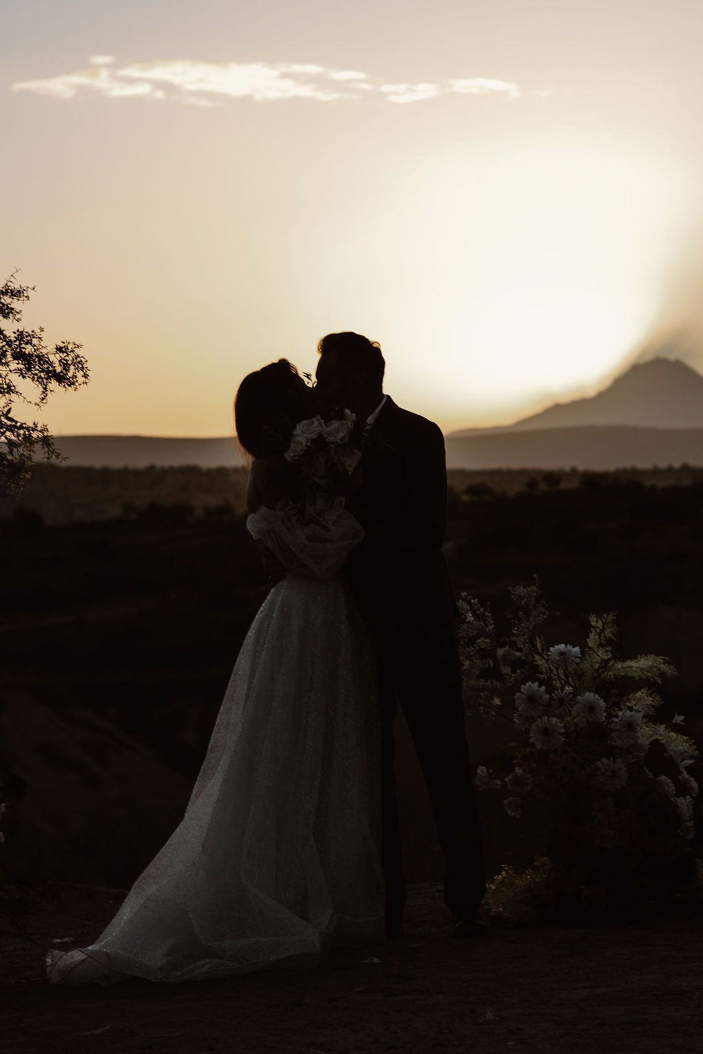 Silhouette of a bride and groom kissing at sunset in a desert landscape with mountains in the background.