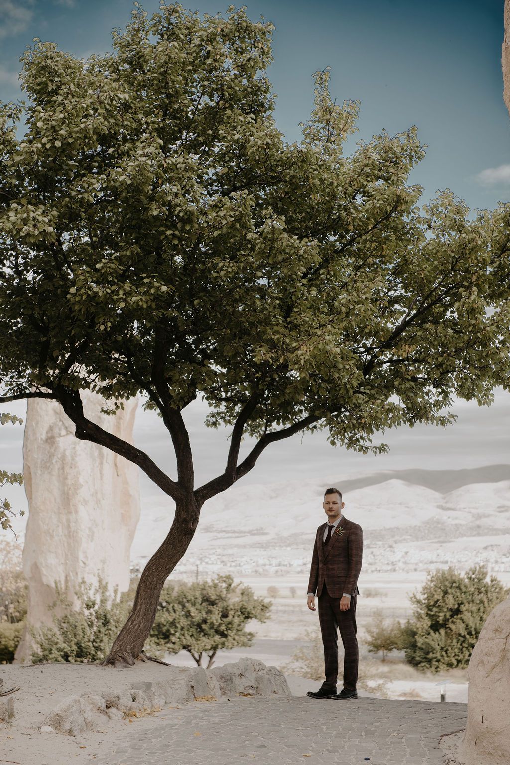 Groom in brown plaid suit standing under green tree with arid landscape background.