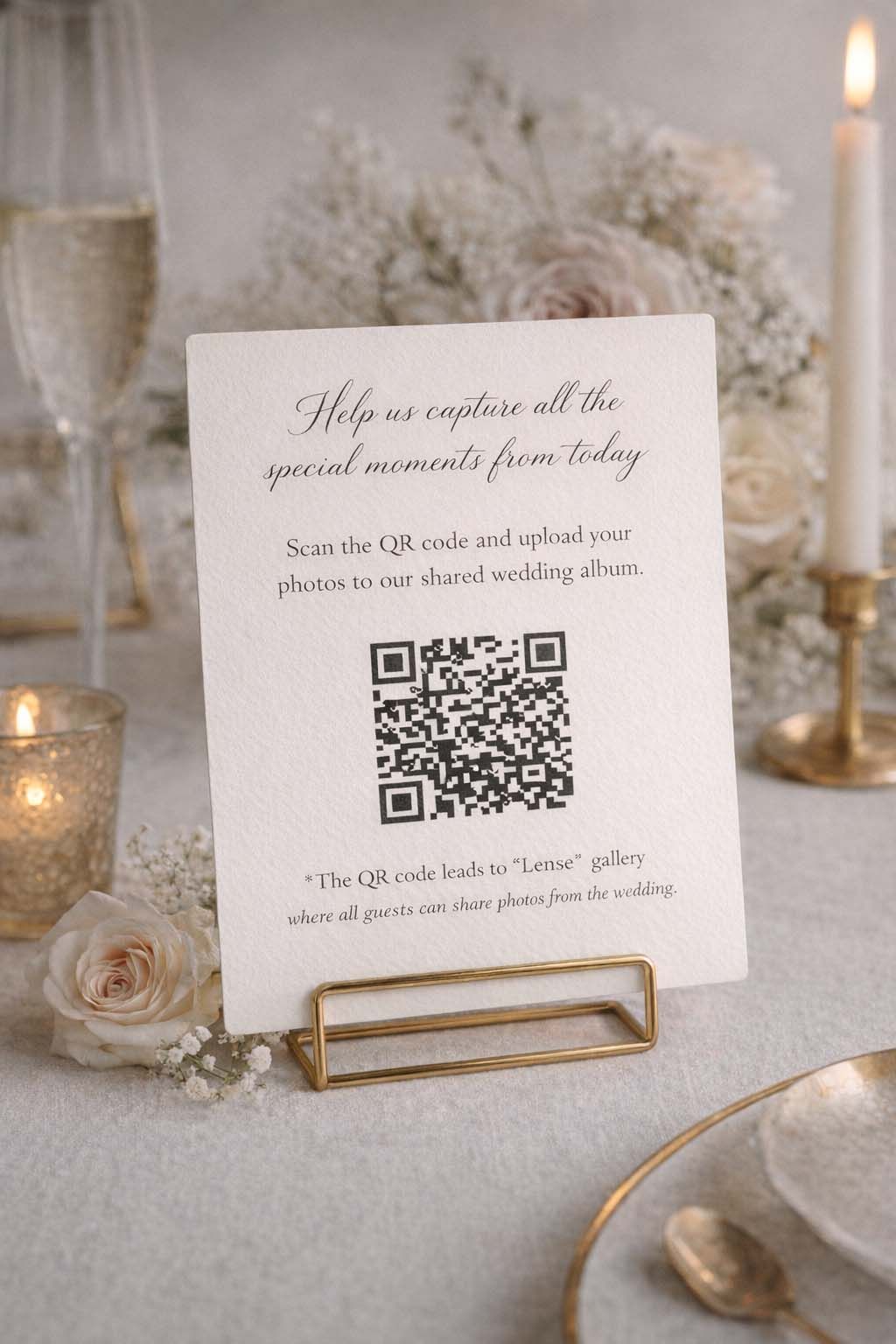 Elegant wedding QR code cards with gold stands displayed on white tablecloth with candles and roses.