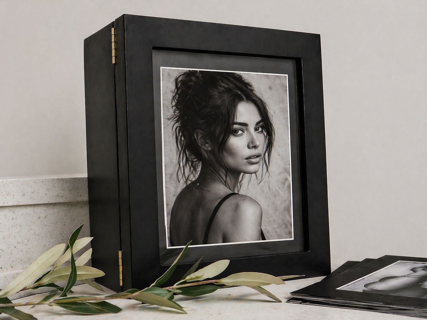 Black framed portrait photo box displaying elegant black and white woman photograph, surrounded by white flowers and prints.