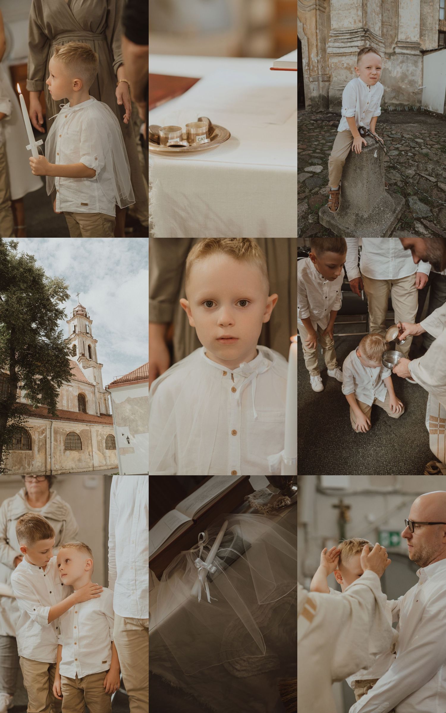 Young boy in white shirt at religious ceremony collage, featuring church, baptism, and candid moments.