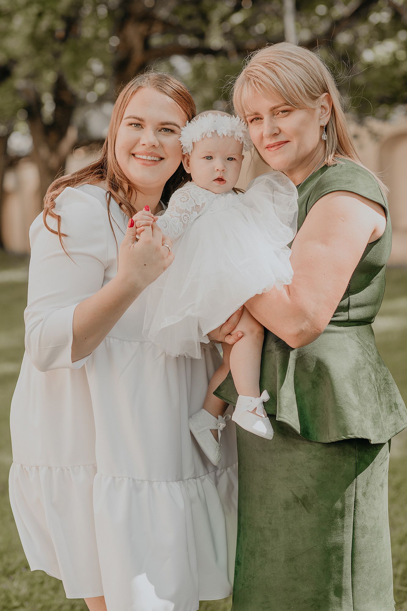 A series of candid moments showing a mother in green dress and child in white dress embracing outdoors.