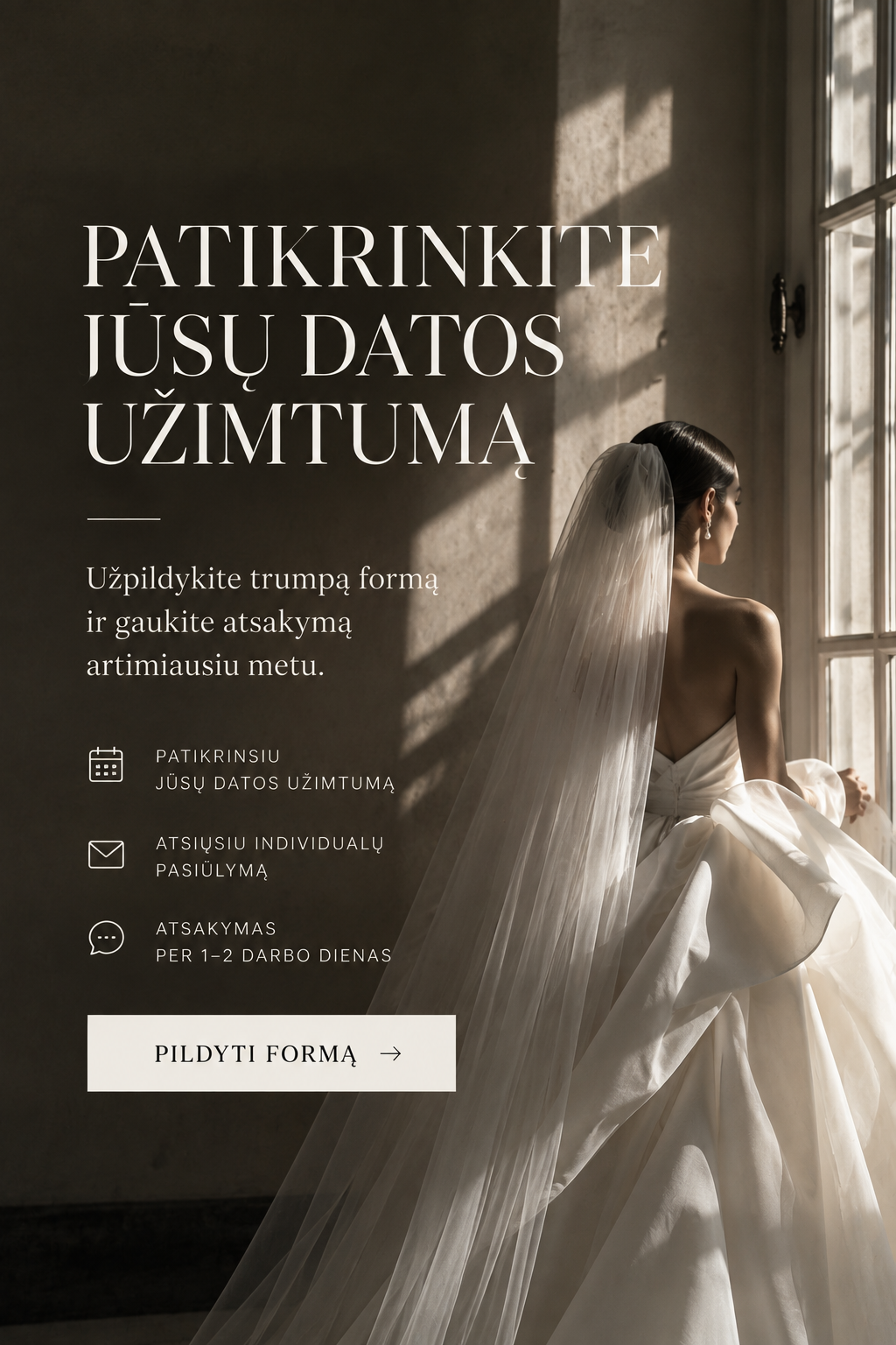 Elegant bride in white wedding gown and veil standing by a sunlit window in a romantic Lithuanian wedding advertisement.