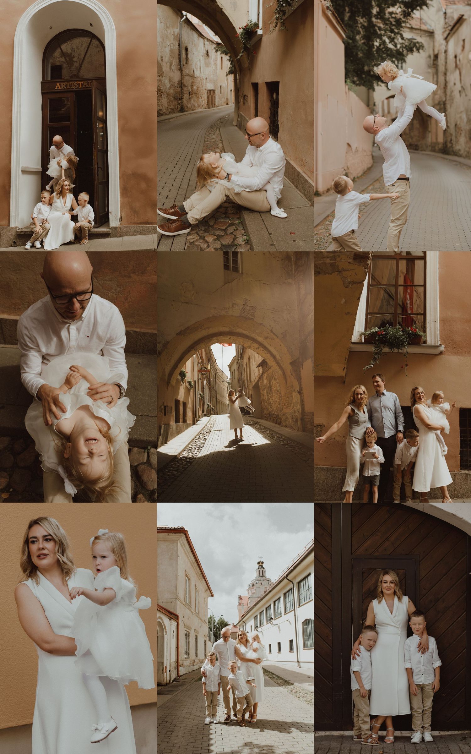 Family portrait collage in white outfits on cobblestone streets of an old European town.