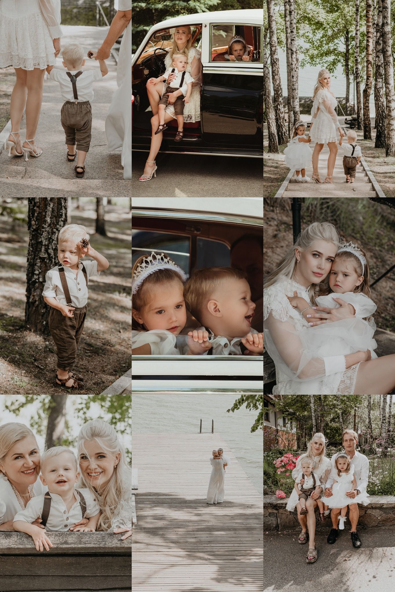 Outdoor family photoshoot collage with young children in formal attire near a vintage car among birch trees.
