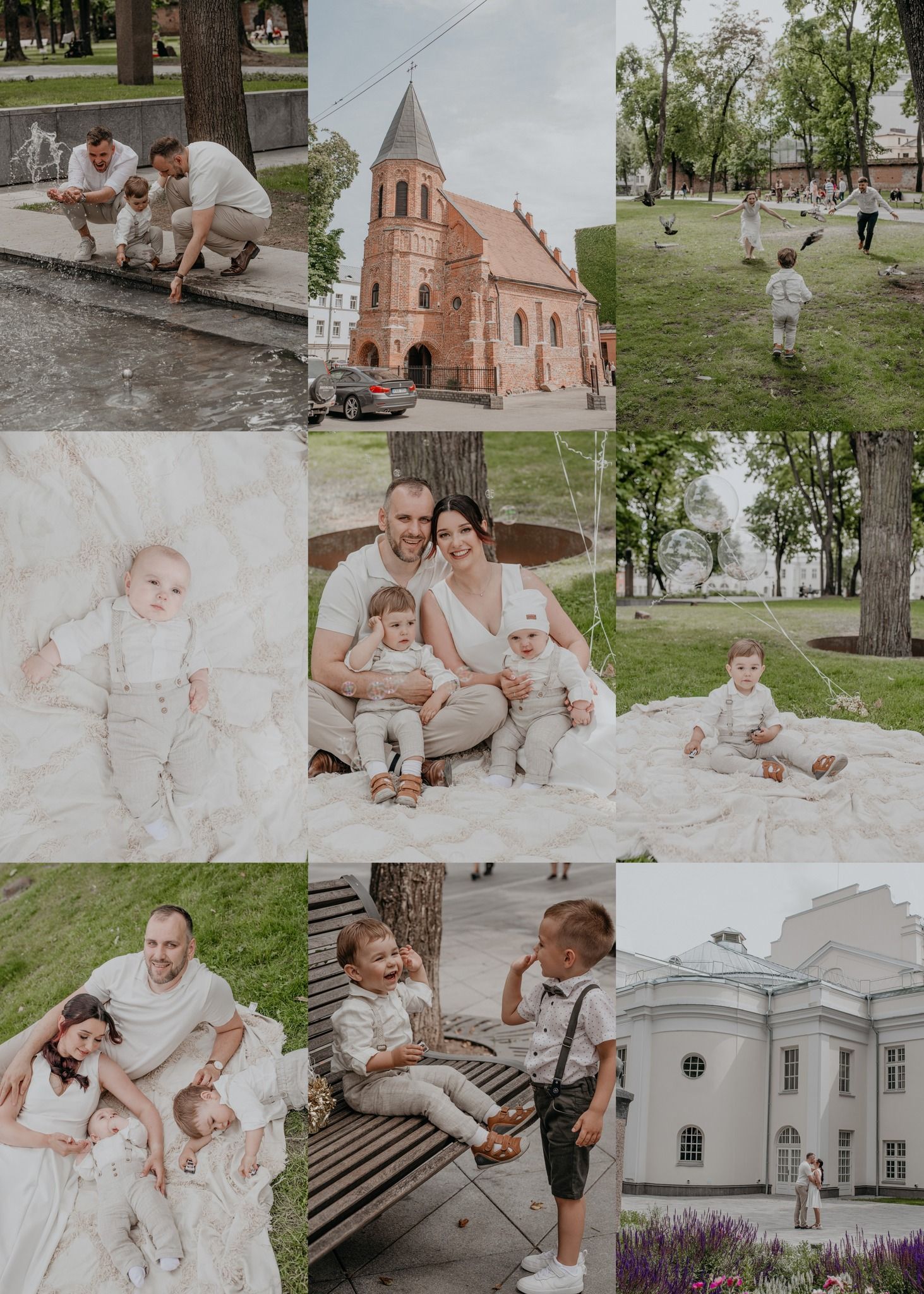 Family photo collage featuring parents with baby outdoors near church, park, and mansion, all dressed in elegant white outfits.