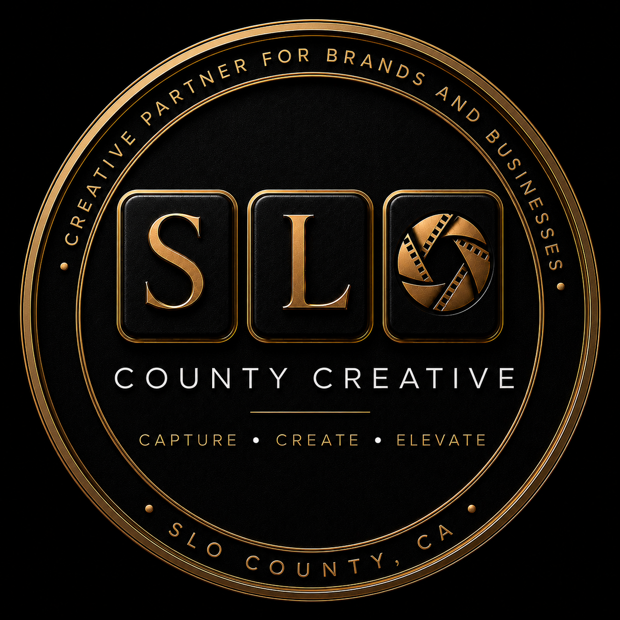SLO County Creative logo, a gold and black circular emblem reading Creative Partner for Brands and Businesses, Capture Create Elevate.