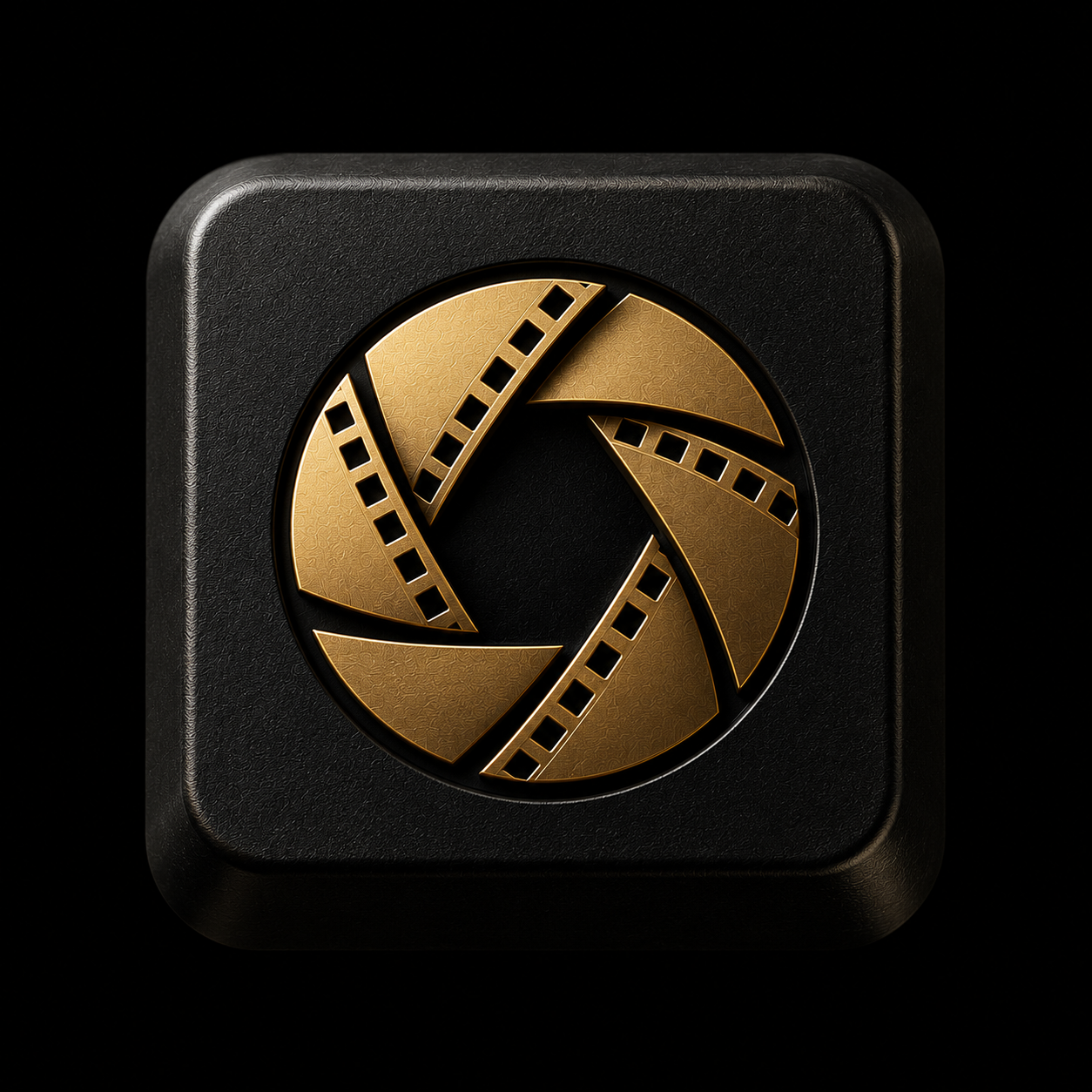 Gold camera shutter aperture icon with film strip design on black rounded square button logo.