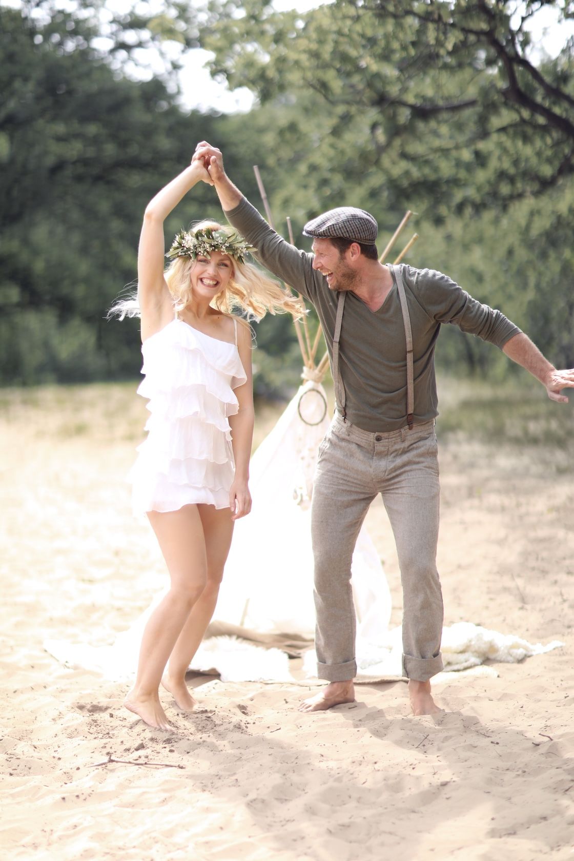 Commercial model Peter Schotting in bohemian couple lifestyle photoshoot on beach