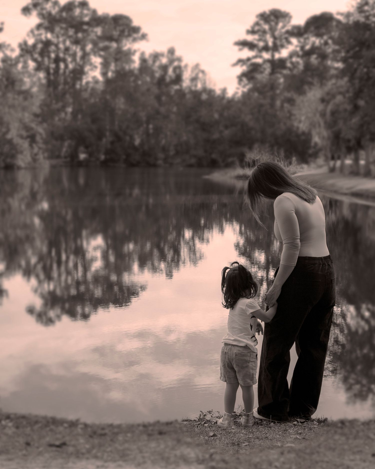 Outdoor photography Hinesville GA, peaceful lakeside dusk reflection sepia portrait — The Quiet Lens Studio