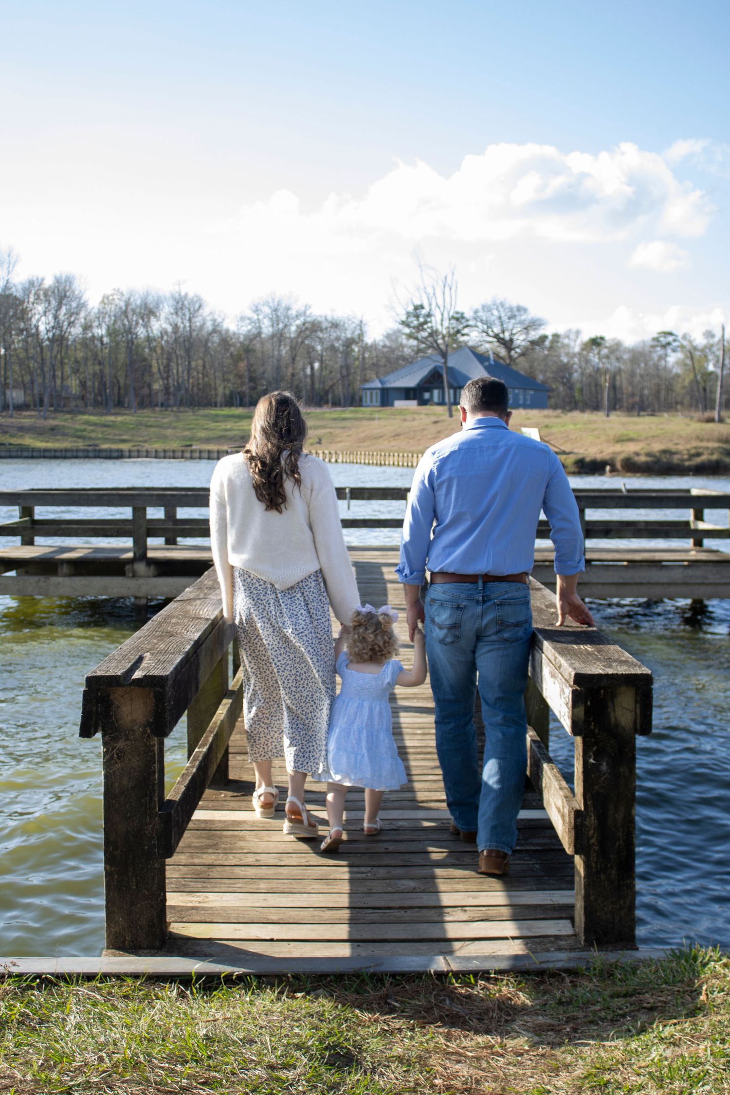 Family photographer Savannah GA, Hinesville GA photography session — family walking dock lake sunny day, The Quiet Lens Studio
