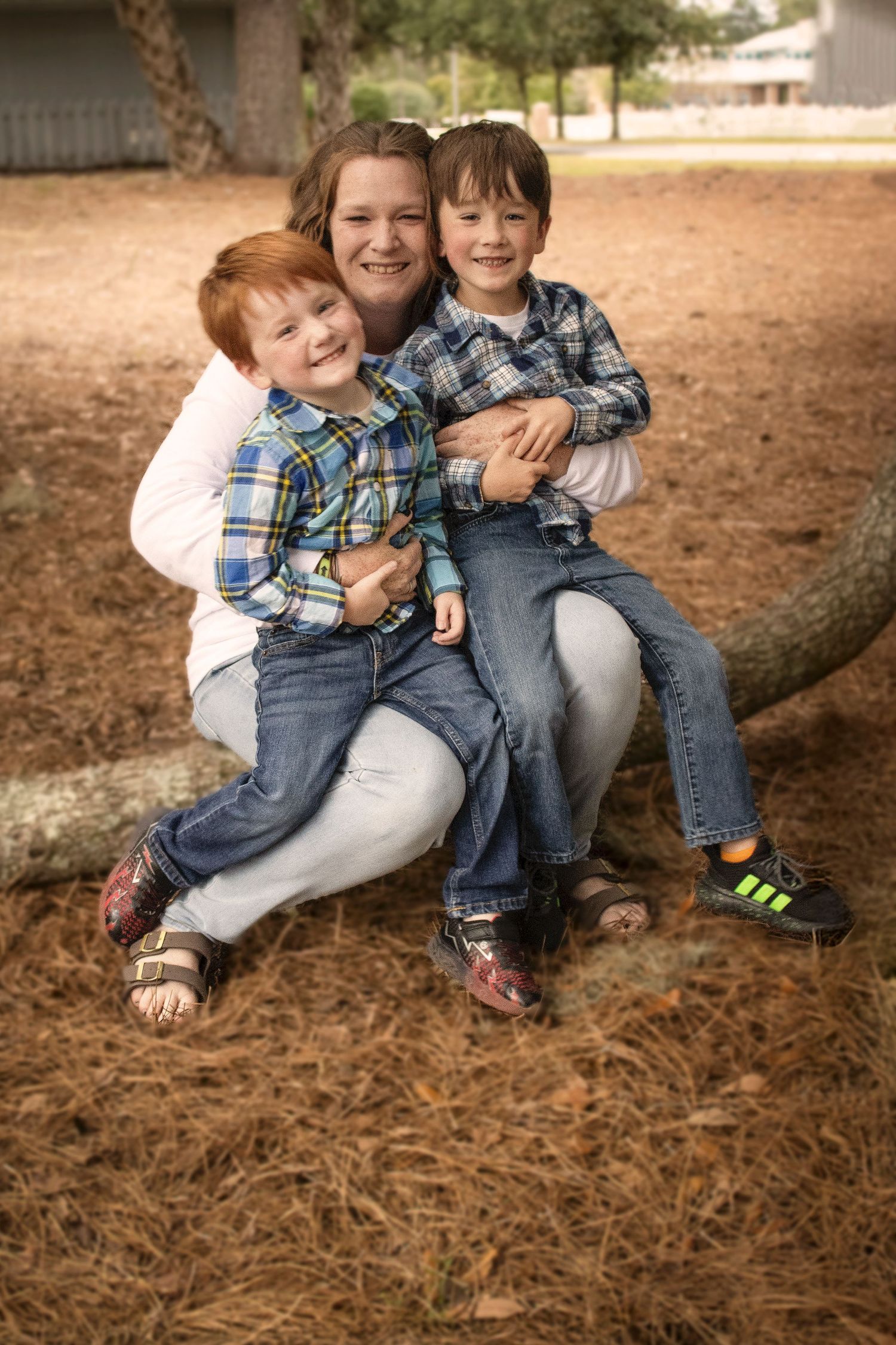 Candid outdoor photo sequence of playful moments on fallen pine needles in autumn.