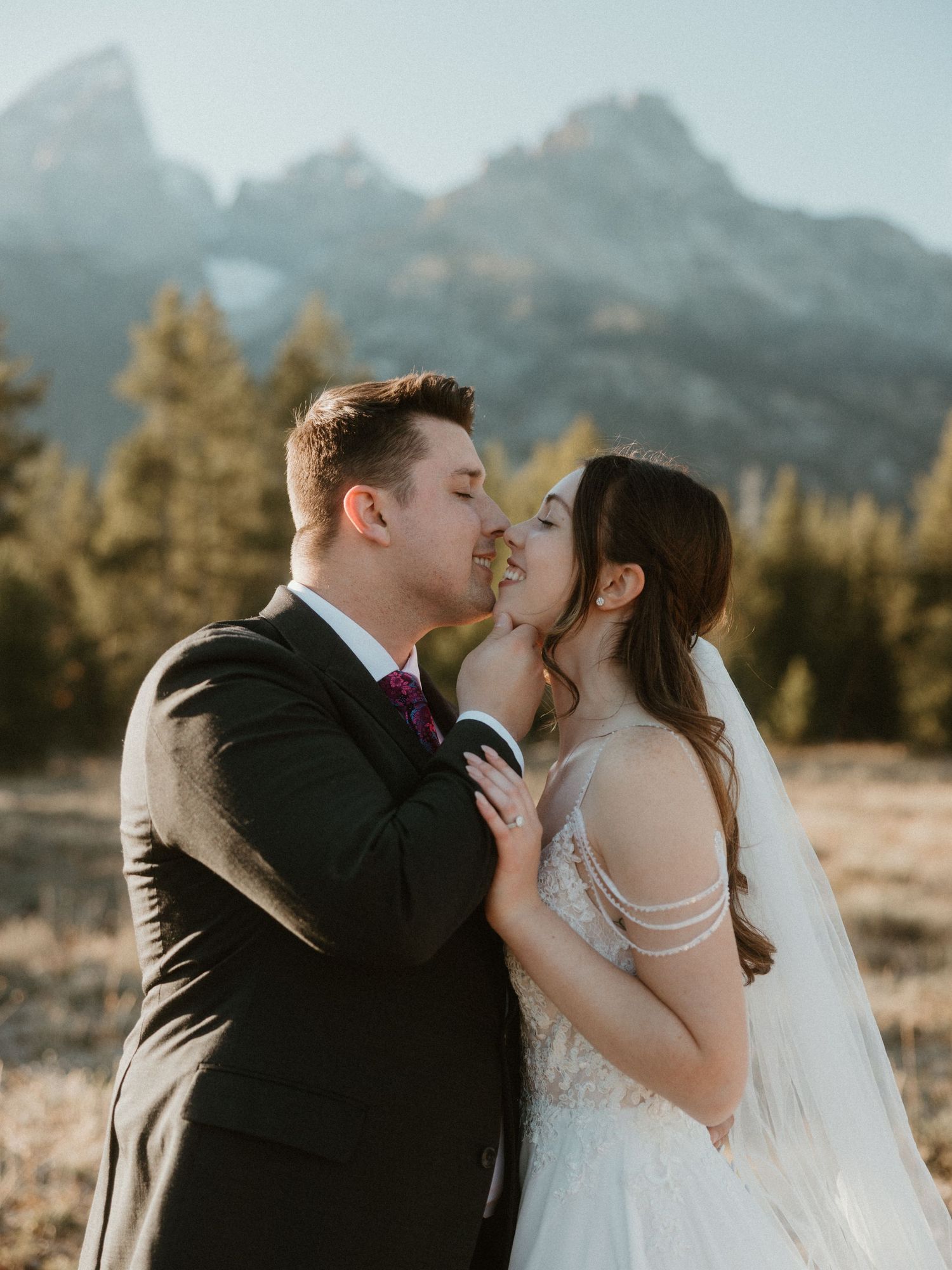 Bride and groom share passionate kiss with mountain scenery behind them.
