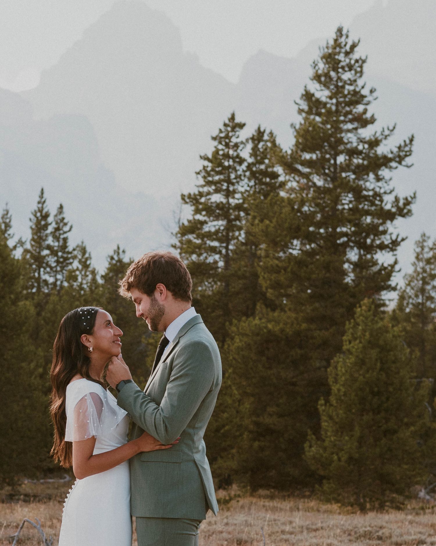 A romantic mountain wedding photo with evergreen trees and majestic peaks creating a stunning backdrop.